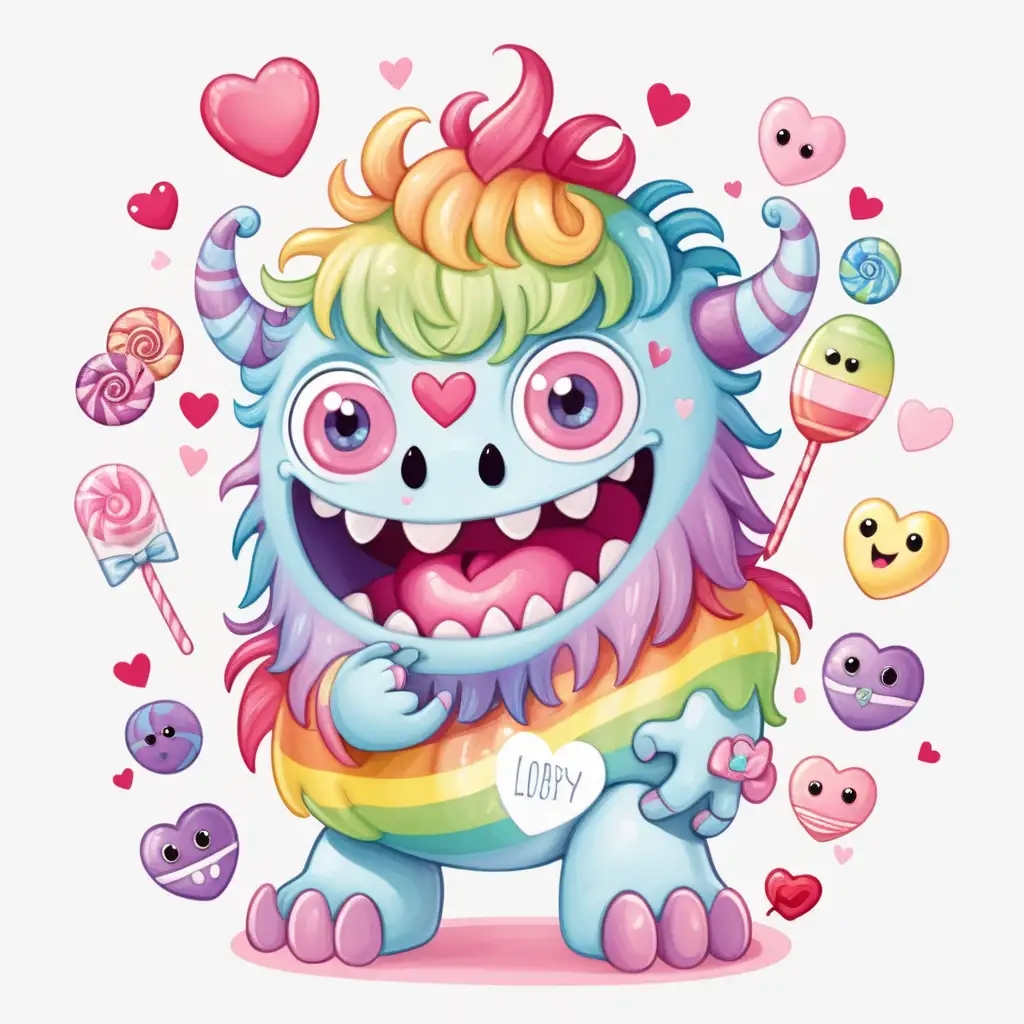 whimsical, cartoon, fairytale,pastel,cute valentine baby  rainbow monster,with valentines candy, 
sticker, white background