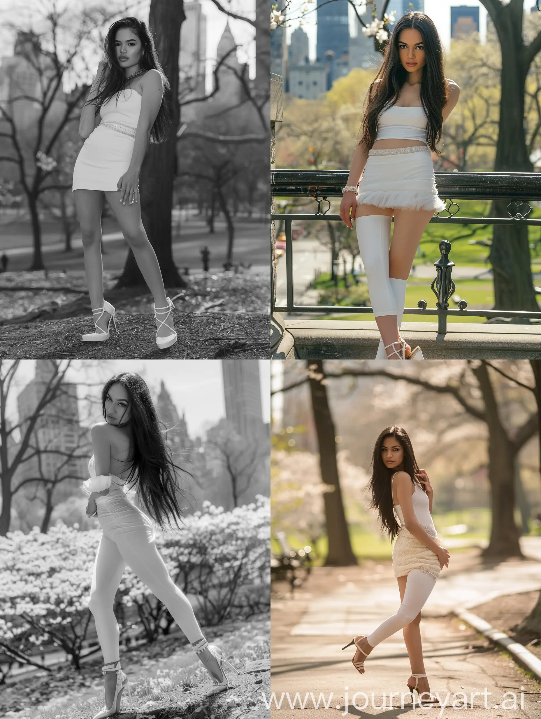 профессиональная съемка, девушка с темными длинными волосами, позирует, туфли на каблуке, белое облегающее платье, в центральном парке нью-йорка, весной
