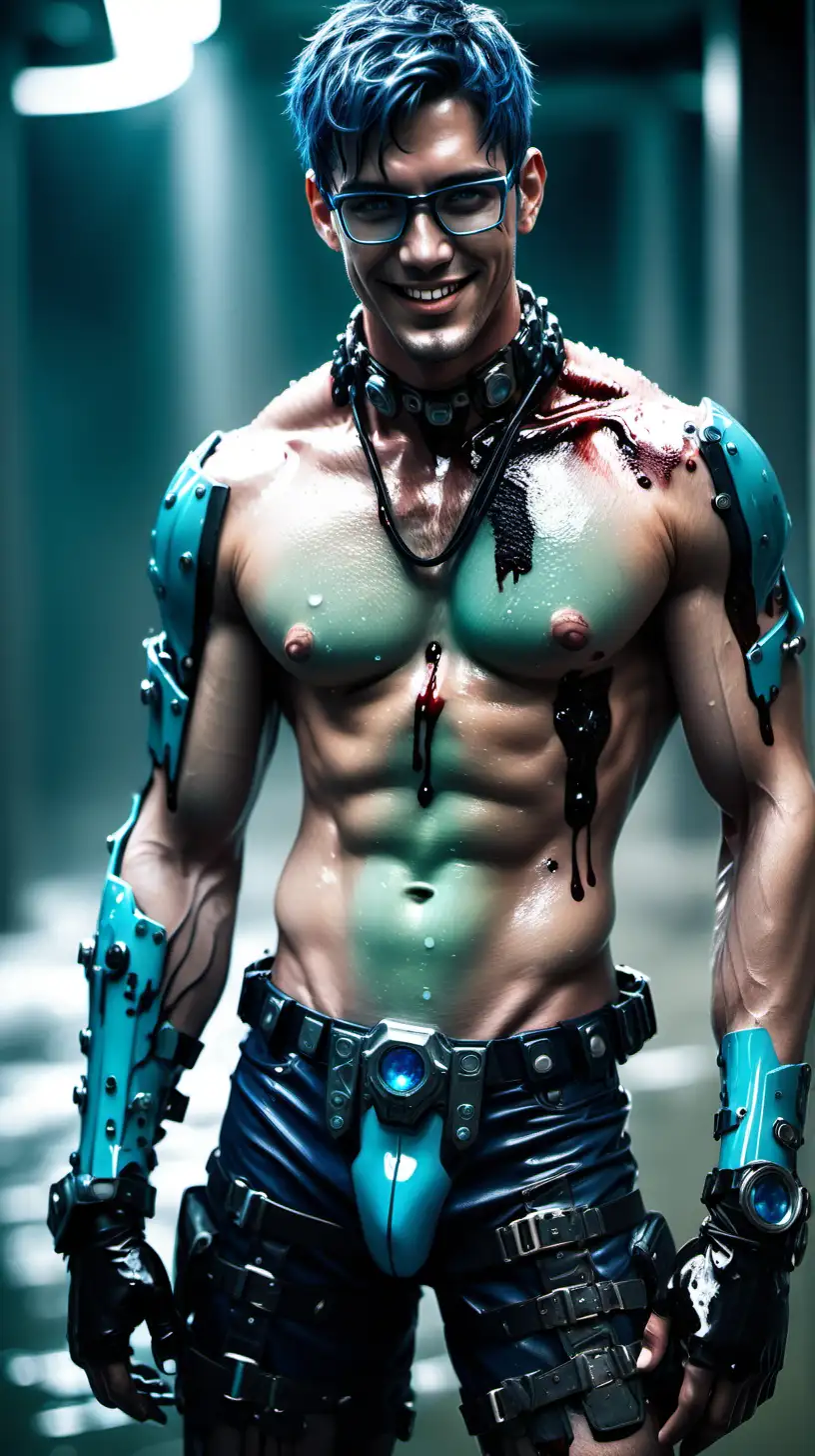 a handsome shirtless dripping wet bloodied male android hunk gives a comforting smile after baring survived an intense battle
facial features: glowing aquamarine eyes, short navy blue hair, stubbles, 5 o'clock shadow, hairy chest
attire: glasses, futuristic bracelets and leg armor