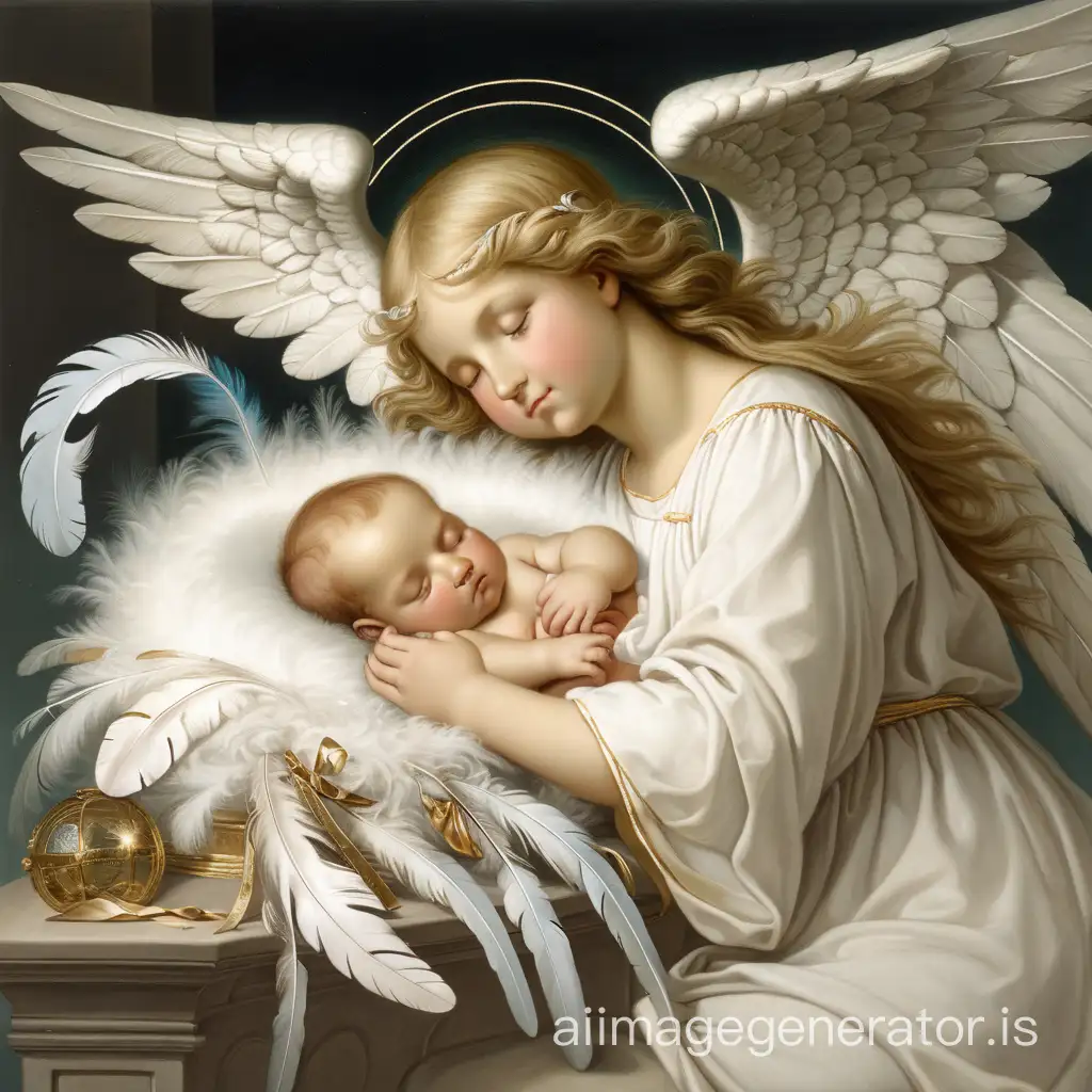 Angel watching over a sleeping infant with feathers floating around