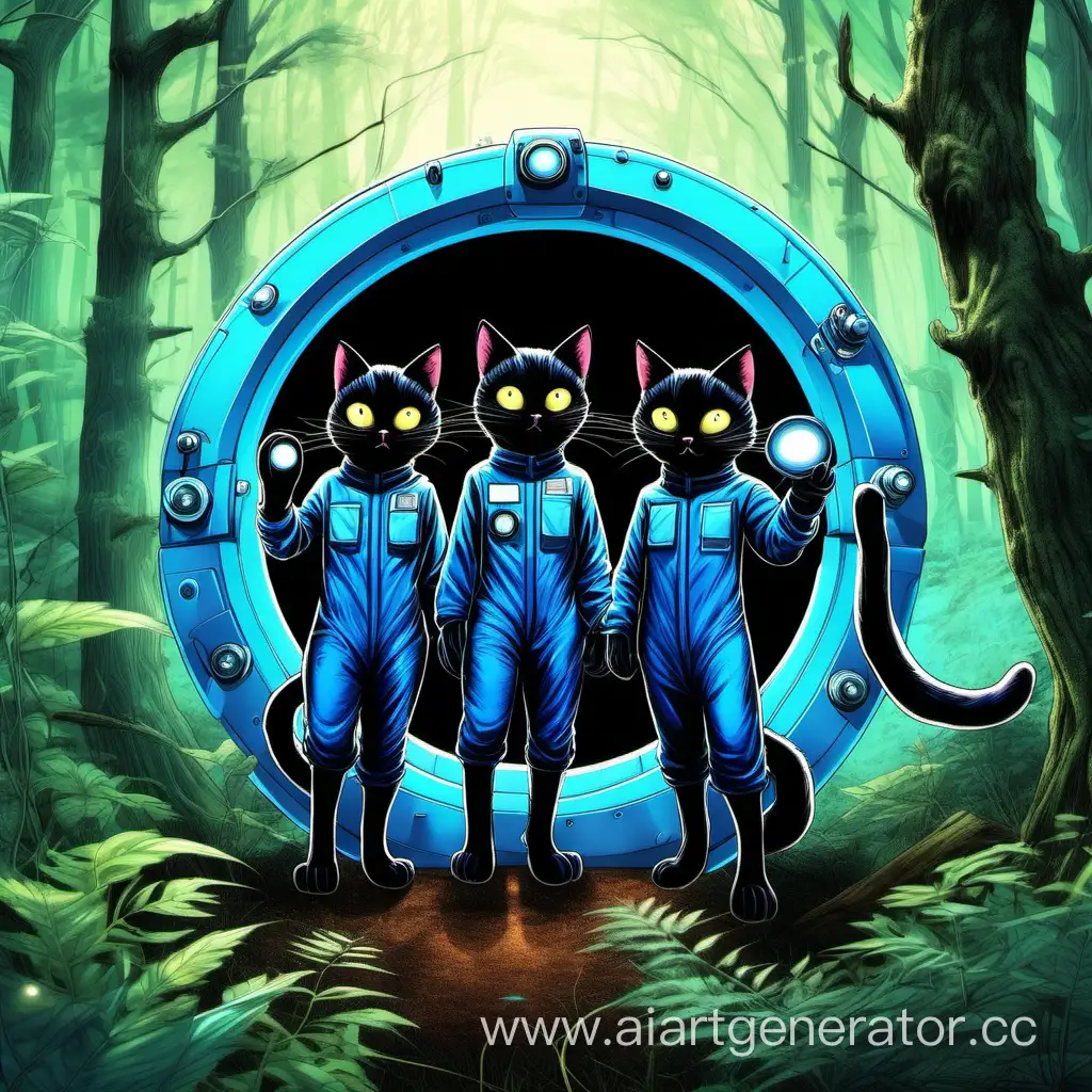 трое антропоморфных чёрных котов-учёных в комбинезонах, осторожно выходящие из синего портала в лесу с оборудованием