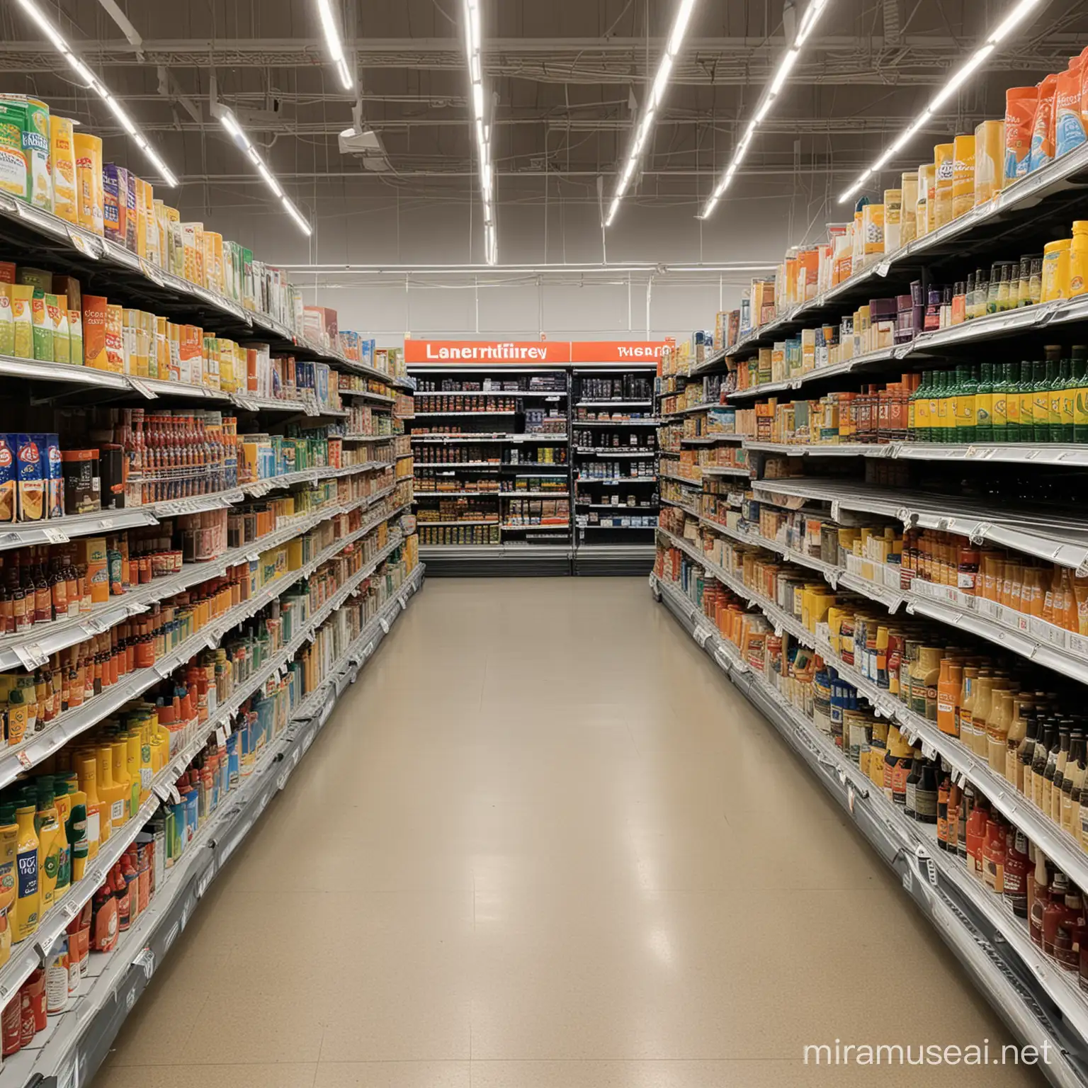 Busy Supermarket Aisle with Colorful Products on Shelves