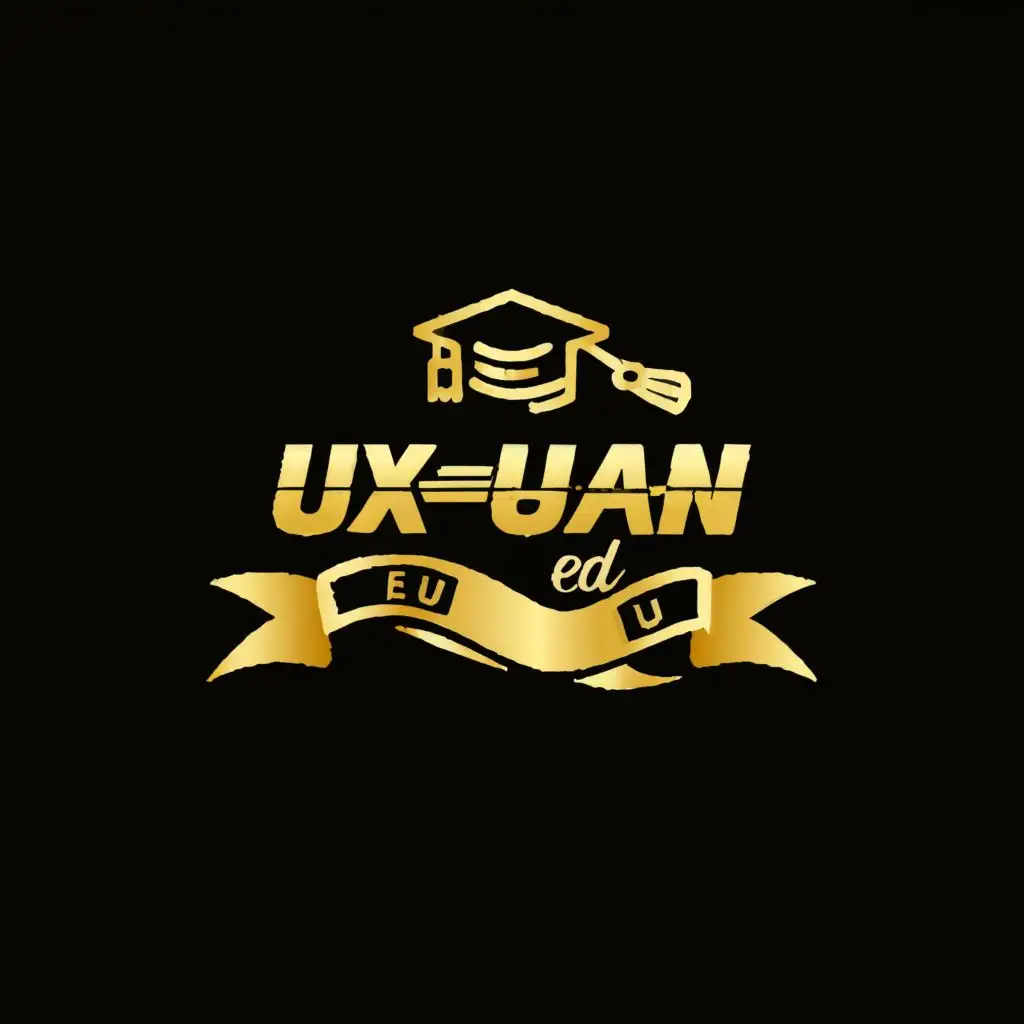 logo, graduation hat and a flowing gold ribbon in between, with the text "uxuan edu", typography, be used in Education industry