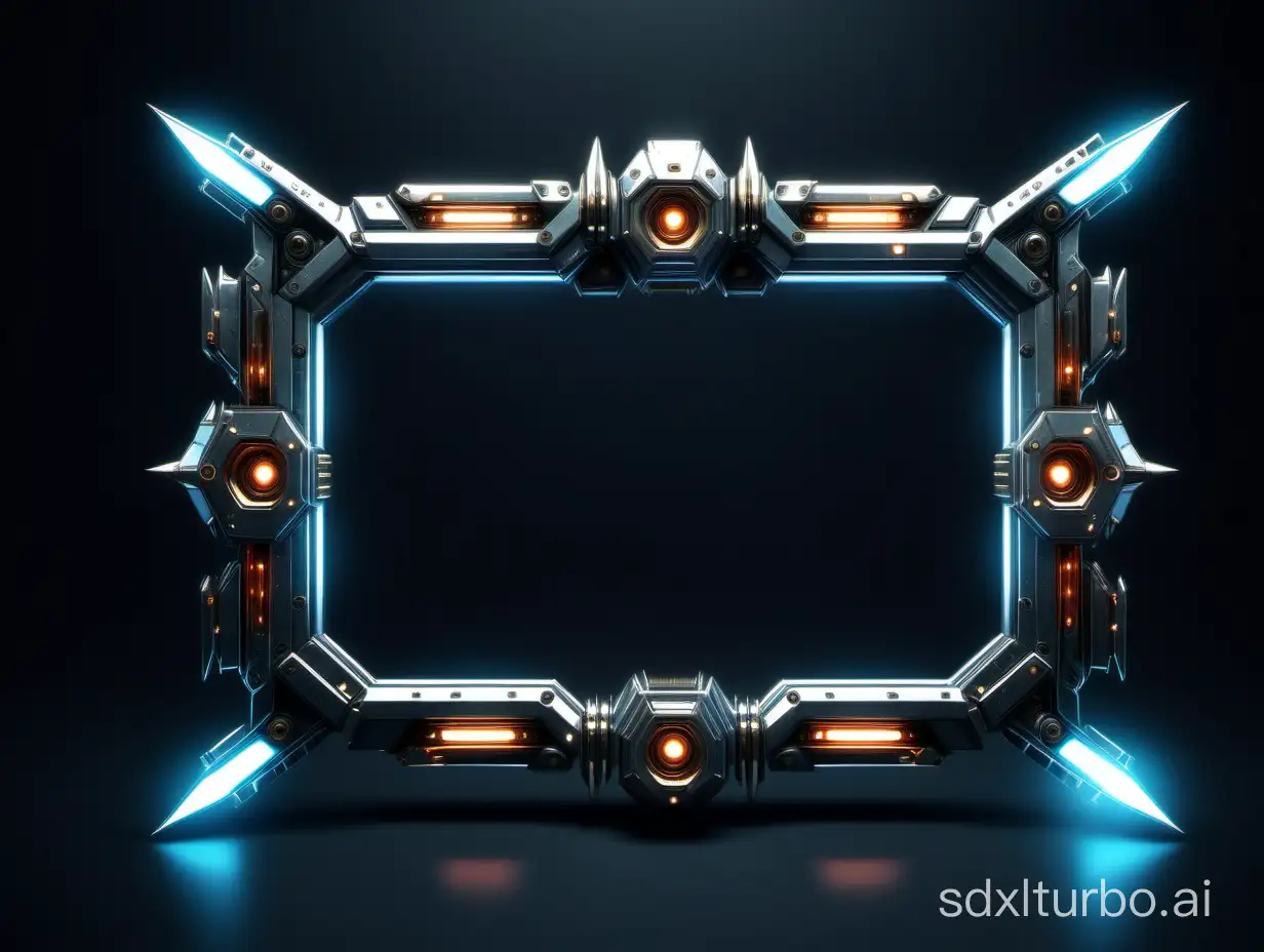 create a scifi frame with sharp edges and bullets decoration, front view, clean, lights
