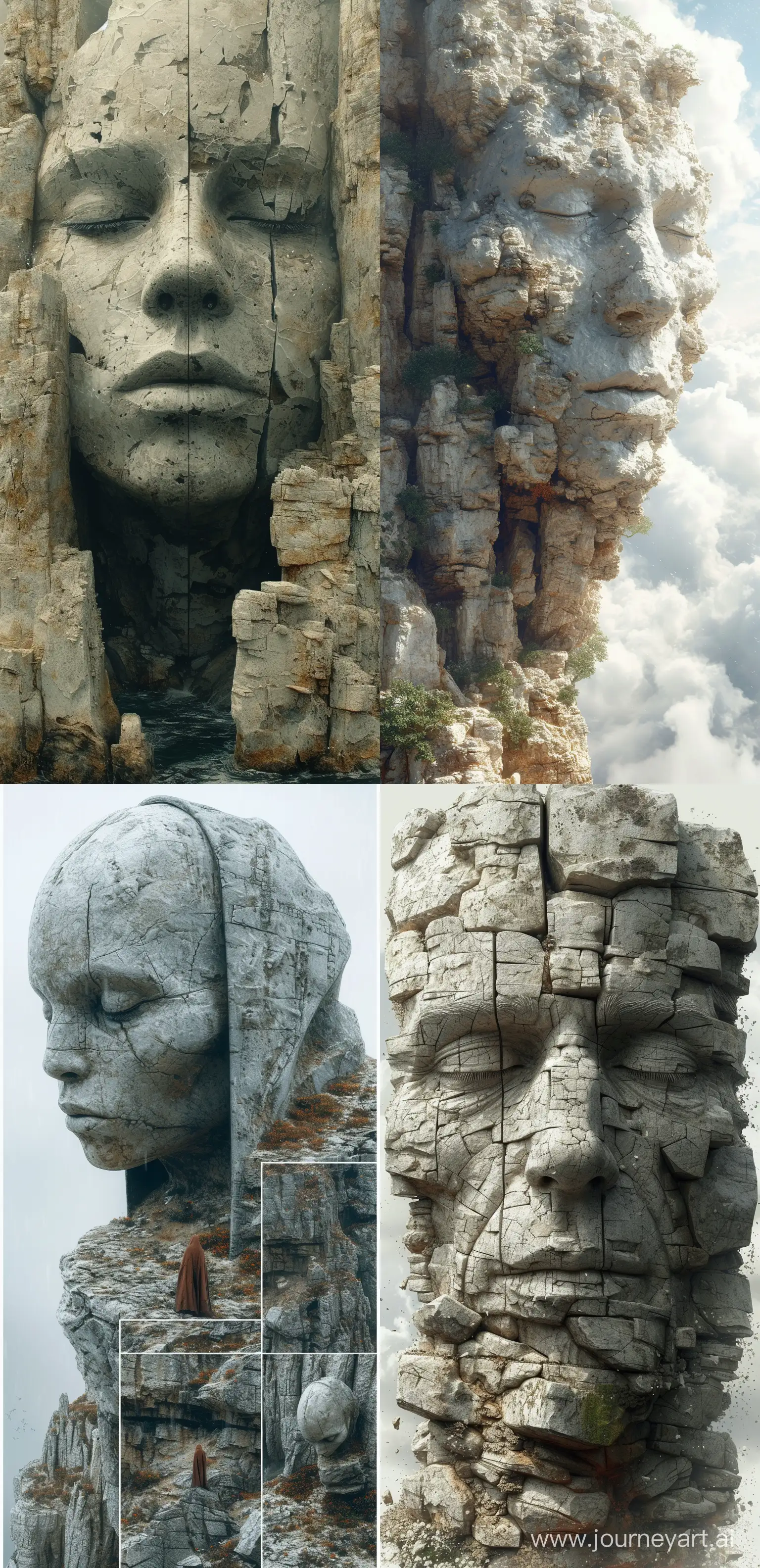 art statue in cliffs, in the style of realistic hyper-detailed portraits, cryengine, detailed facial features, ingrid baars, multi-panel compositions, guido van helten, concept art --ar 31:64 --stylize 750 --v 6