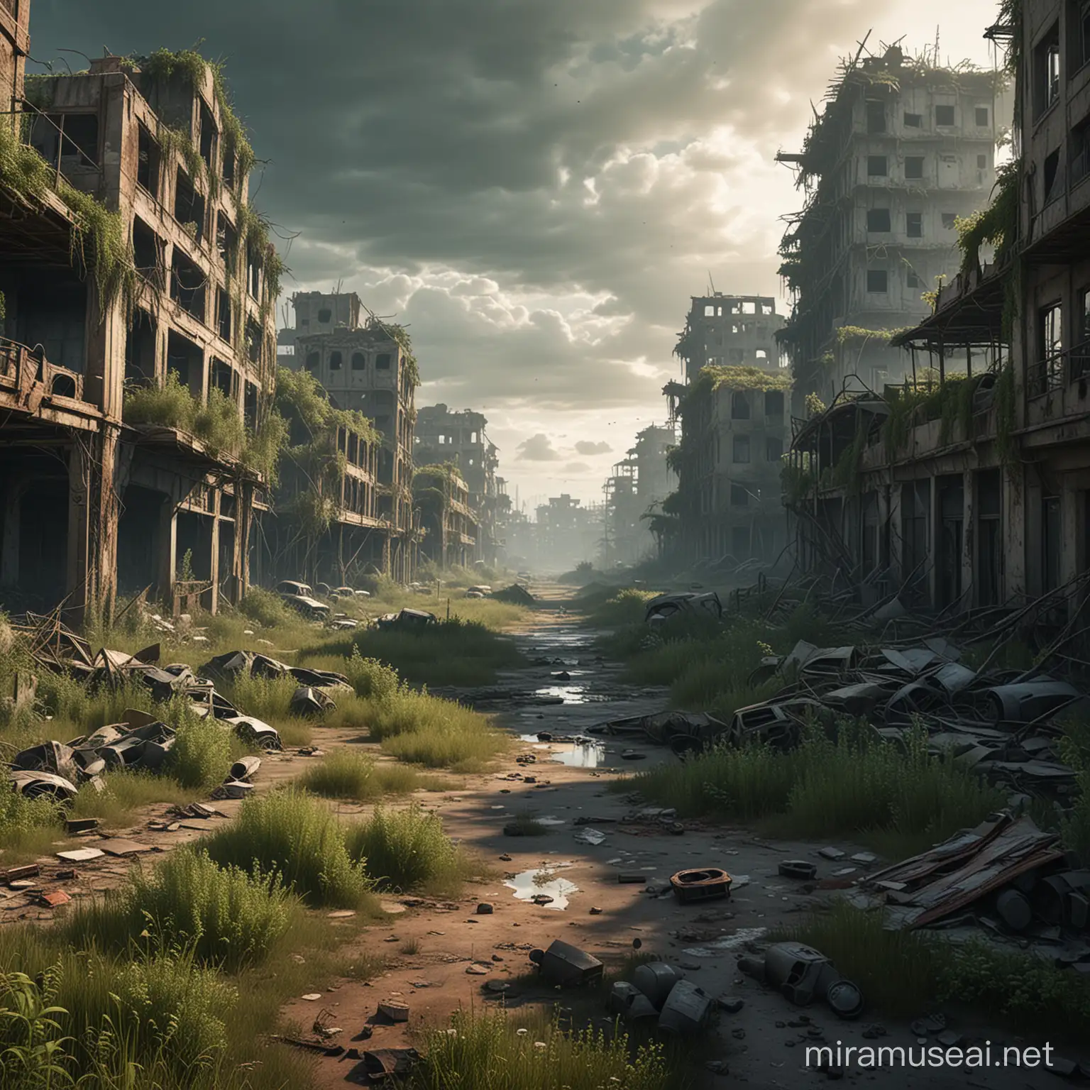 City in ruins in port apocalyptic scene the city is slowing regaining nature aspects like overgrown grass and vines.