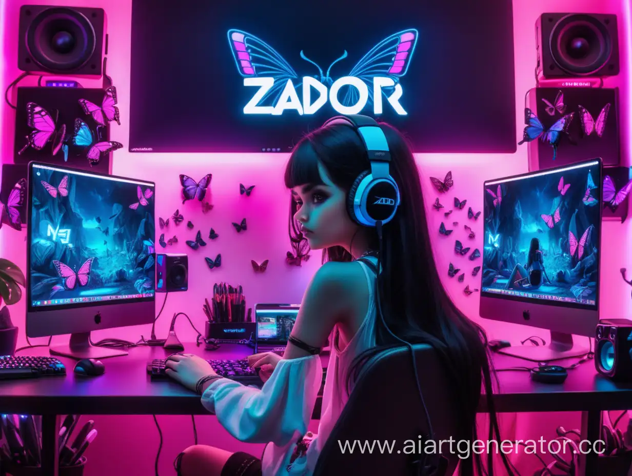 make a channel banner called zador mini with a girl sitting at a computer in the background, with zador written on the monitor, with long dark hair without bangs, wearing headphones, dark eyes, against the backdrop of a pink gaming room with butterflies, glares, neon lighting, makeup with arrows, less girl, more room