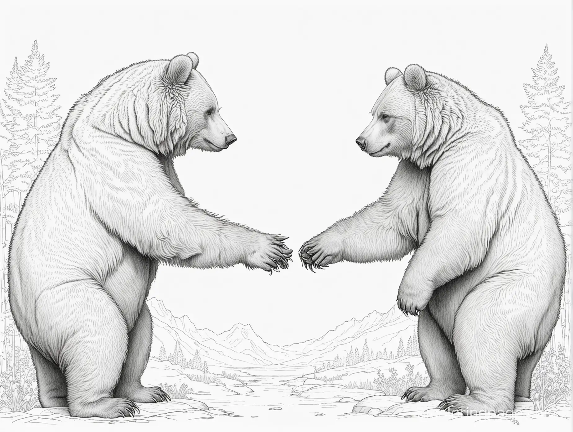 Grizzly-Bears-Handshake-Coloring-Page-for-Kids-Simple-Black-and-White-Line-Art