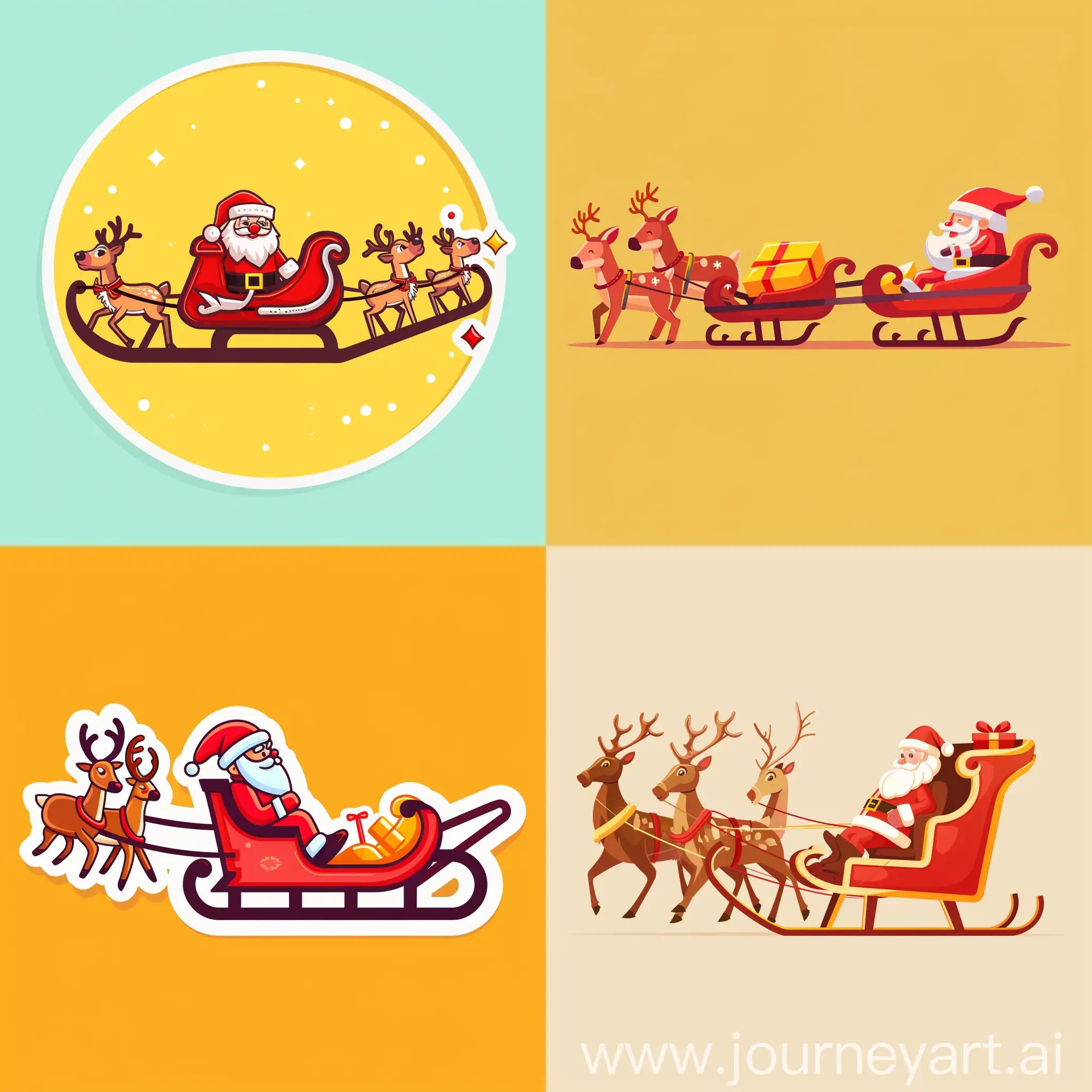 cartoon sticker of Santa's sled, pulled by reindeer, in high quality flat style