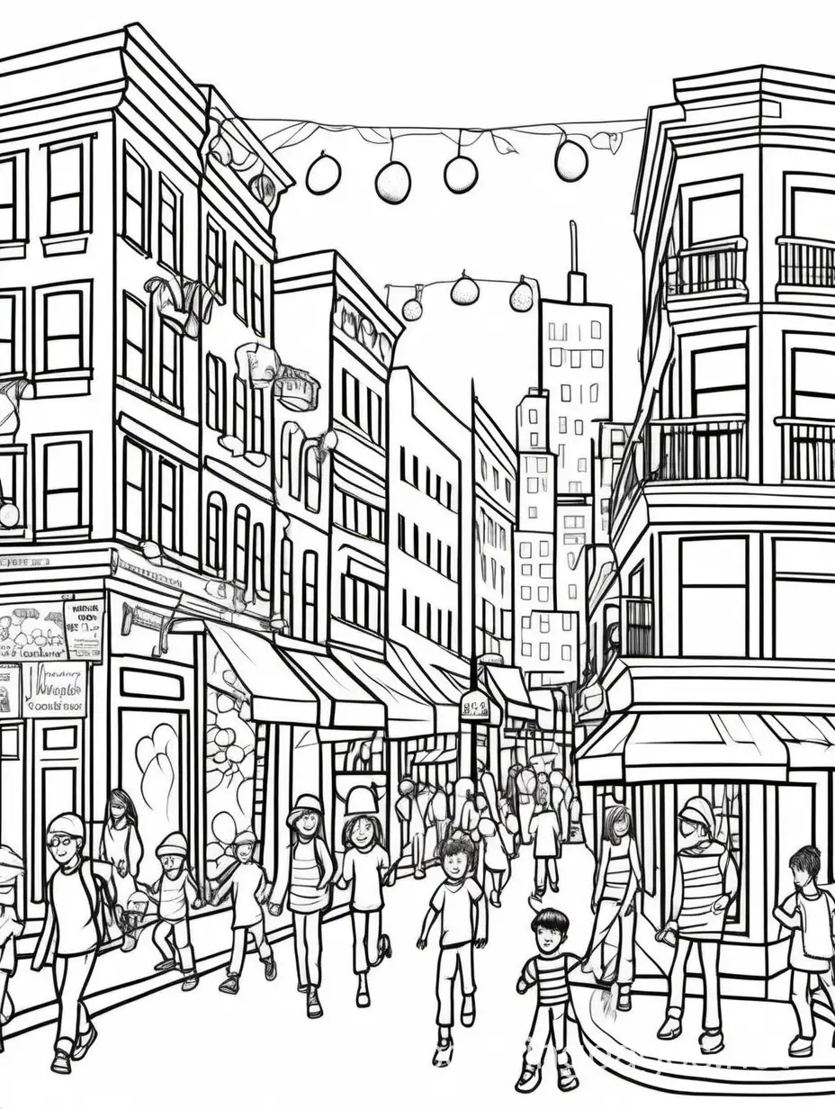 A vibrant city street filled with colorful storefronts, street performers, and bustling activity., Coloring Page, black and white, line art, white background, Simplicity, Ample White Space. The background of the coloring page is plain white to make it easy for young children to color within the lines. The outlines of all the subjects are easy to distinguish, making it simple for kids to color without too much difficulty