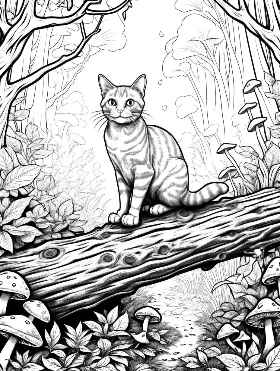 colouring page of A mischievous orange tabby cat perched on a fallen log in a vibrant enchanted mushroom forest.





