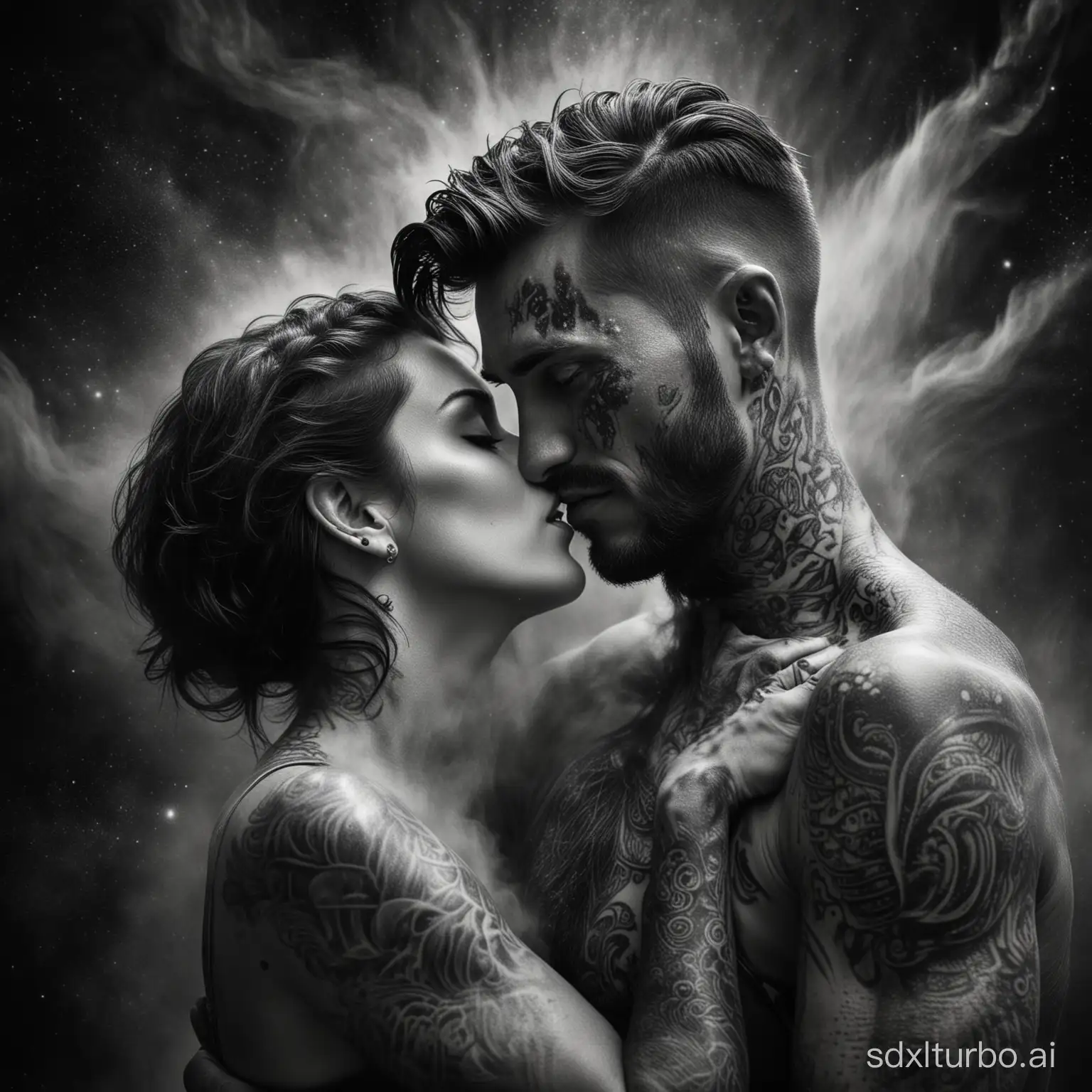 Tattooed-Man-Embracing-Woman-in-Space-Dust-Storm-CloseUp