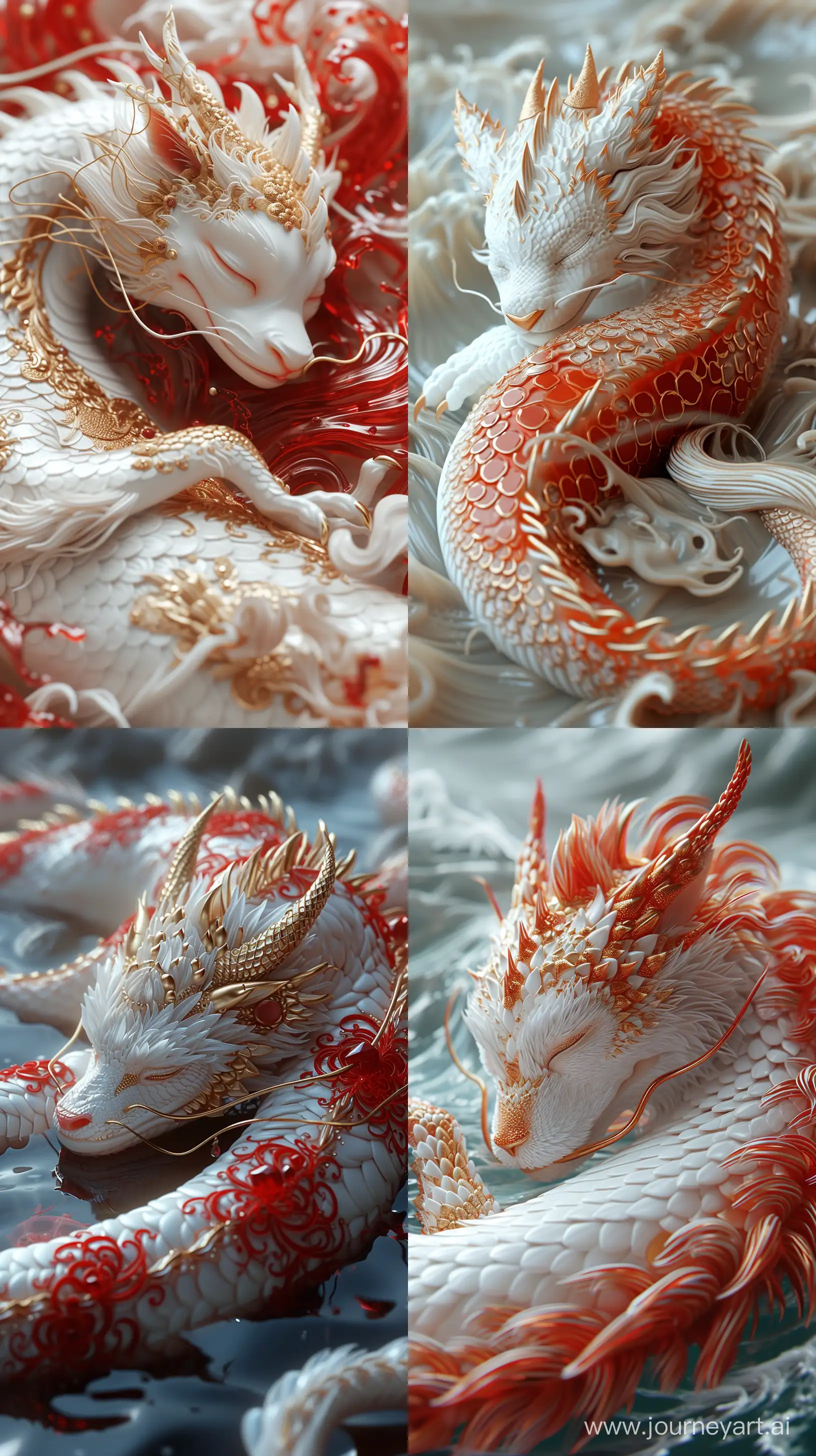 Dragon sleeping on sea, translucent glass, zbrush, ruby and gold style, anime aesthetics, furry art, red and white, elaborate, c4d rendering, super high detail, 3d --ar 9:16 --stylize 250