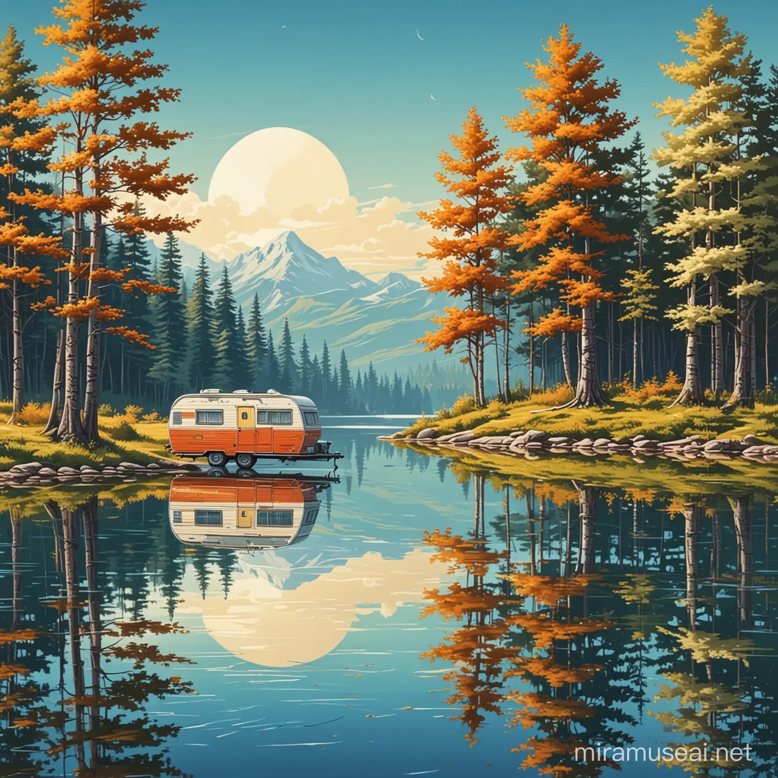mural. kamper na tle spokojnego jeziora i drzew. cicha spokojna okolica. styl pop art