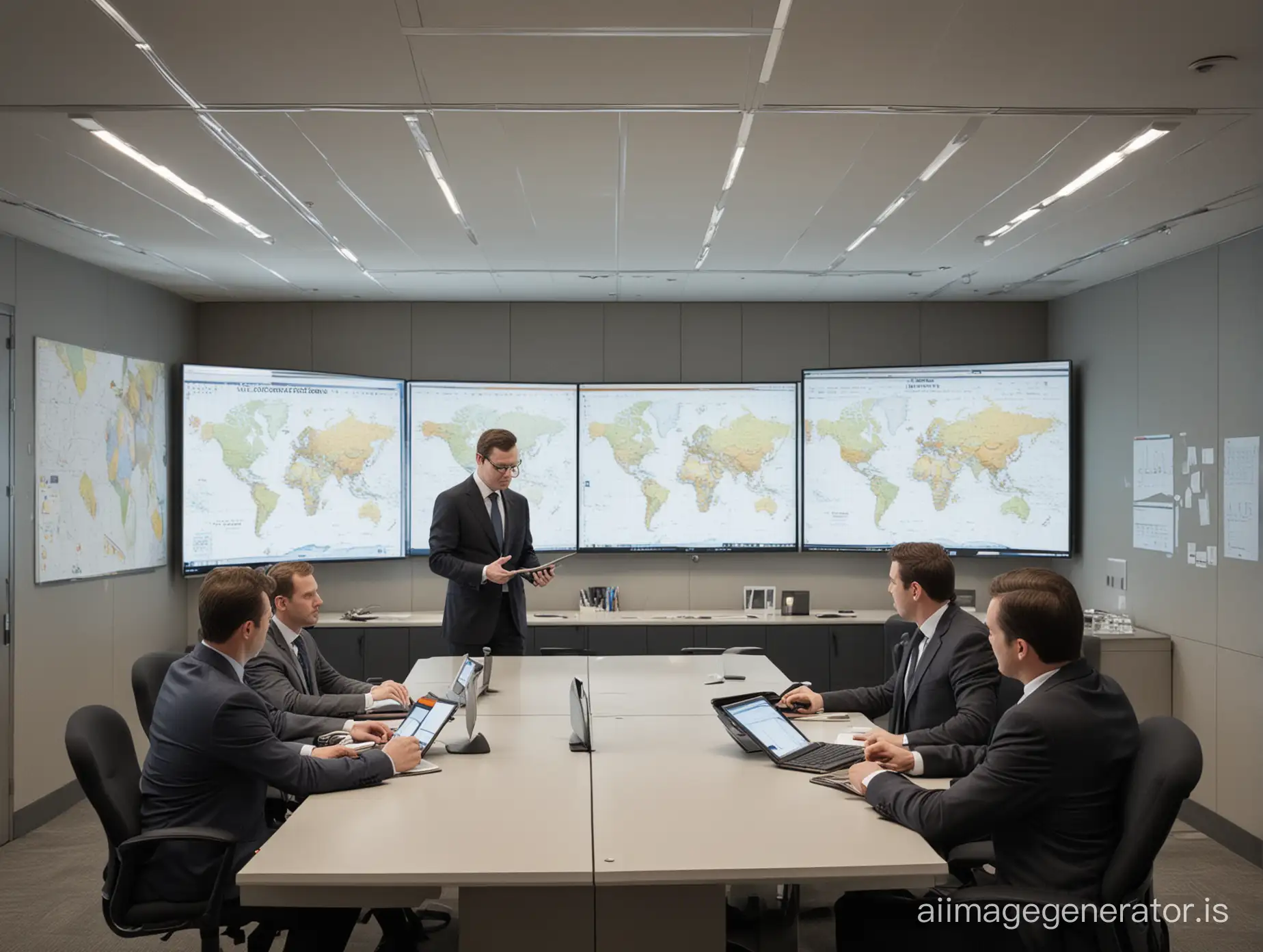  hall, flat panel monitors hanging on the walls, maps and graphs on them. There is a large table in the center of the room. Behind him sit three men in suits, with tablets in their hands.
