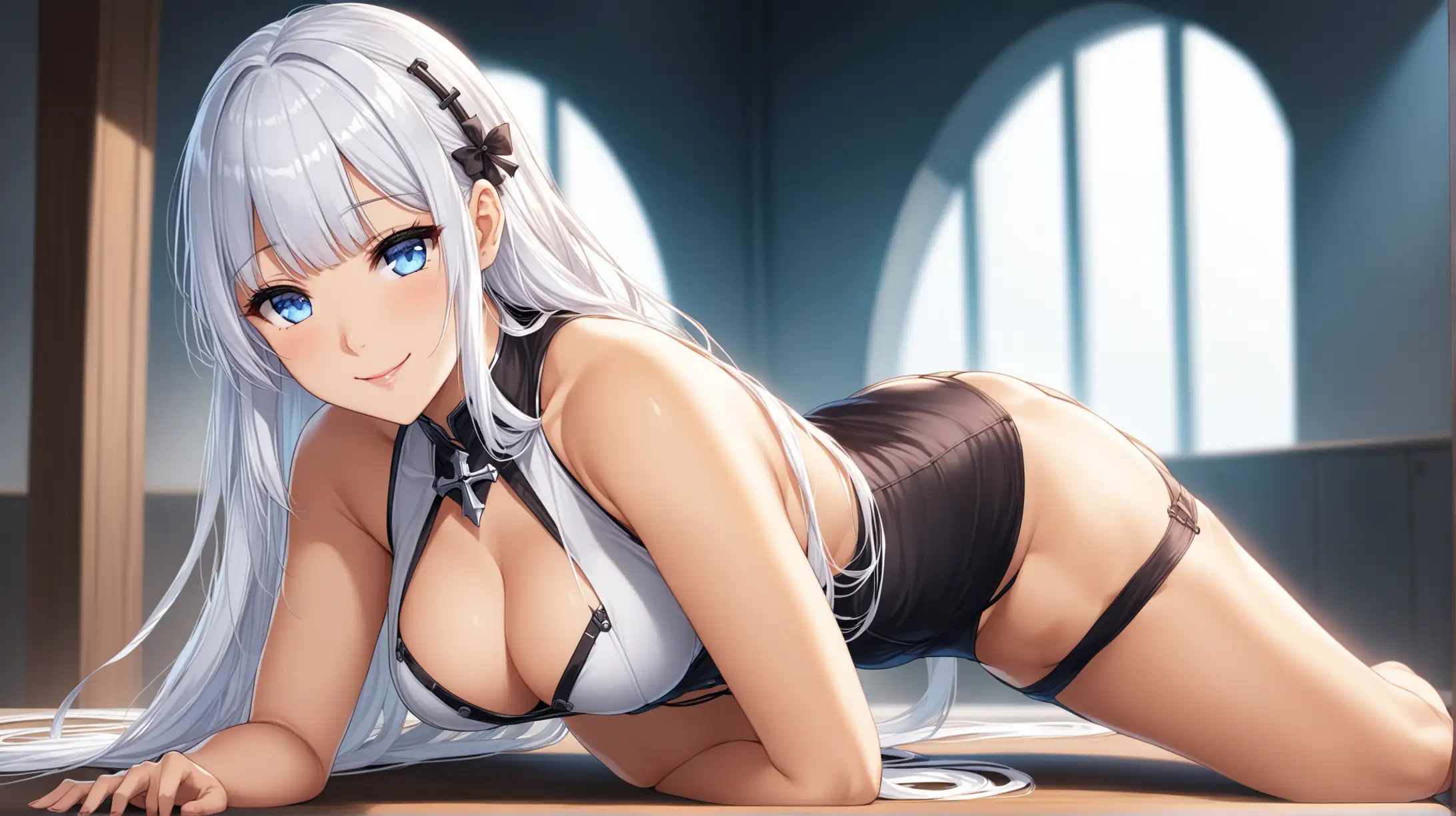 Draw the character Illustrious from Azur Lane, long hair, blue eyes, high quality, indoors, natural lighting, in a seductive pose, leaning forward, wearing an outfit inspired from the Fallout series, smiling at the viewer