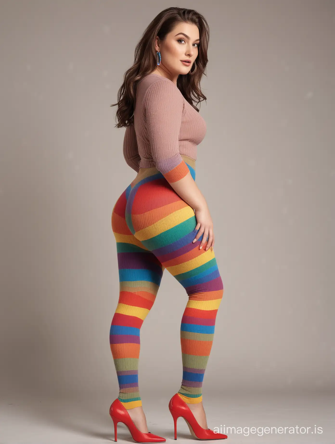 curvy woman full body shot "extra thick ribbed rainbow wool tights" high heels