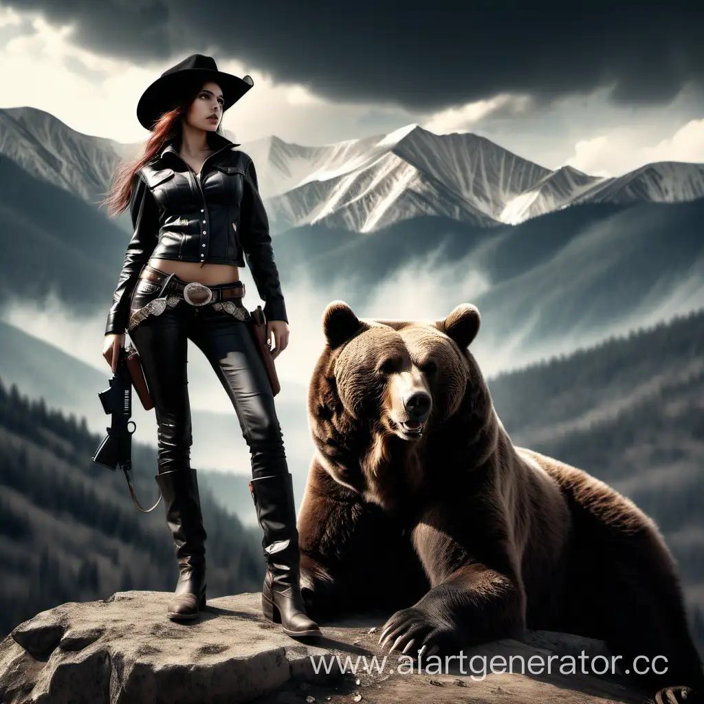 A cowboy girl with a gun in full-length black looks dramatically into the distance, a big bear lies next to her / against the background of epic mountains