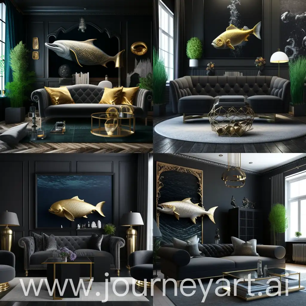Modern living room with black walls, with industrial design furniture and browser leader sofà, with gold culptures of fish tails, architect design style, highly detailed, photorealistic