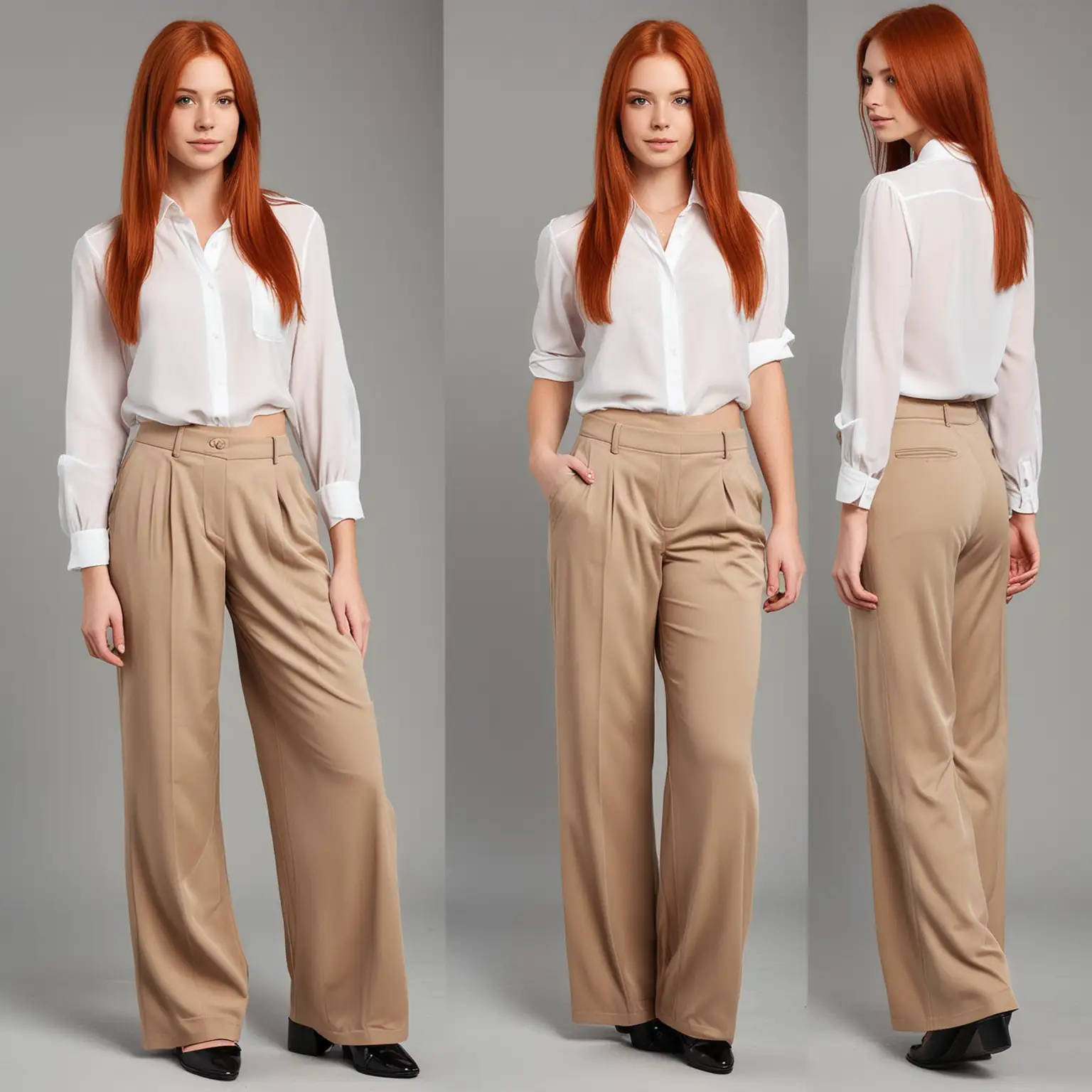 straight red hair teenage girl with blouse and wide leg pants for a job interview. should look like a teen girl full body outfit with flats for shoes. 
