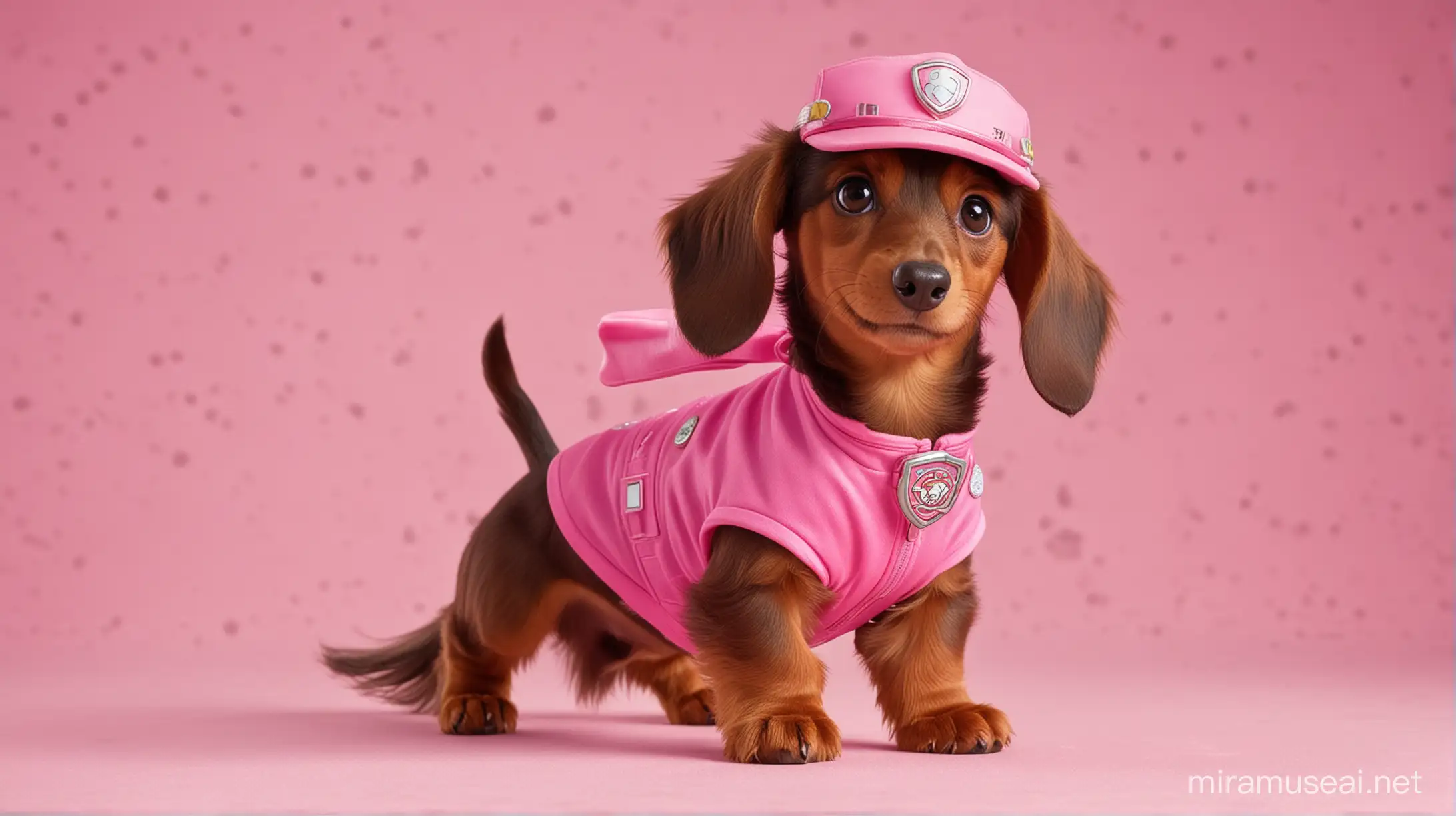 brown , long-haired Dachshund dog , pink outfit, paw patrol, 