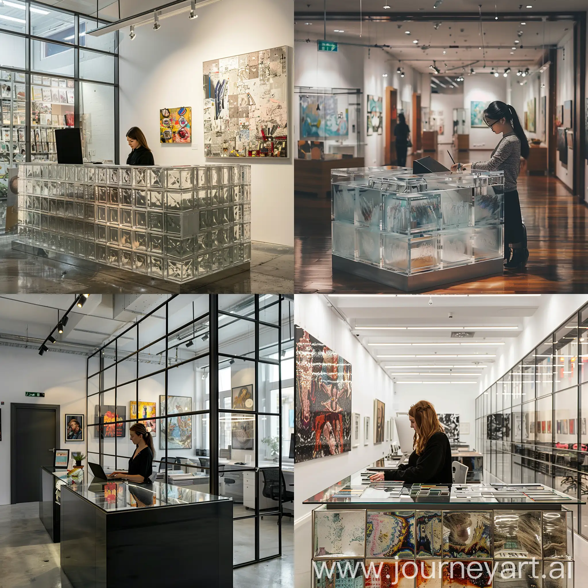 woman working in gallery shows art behind the desk covered in glass in the office style building
