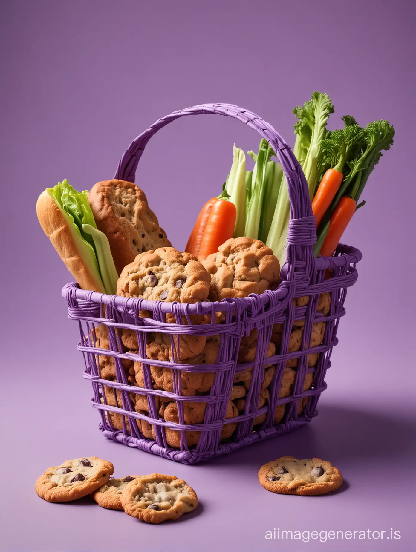 small grocery basket with purple milk bread cookies and vegetables closeup on gradient background
