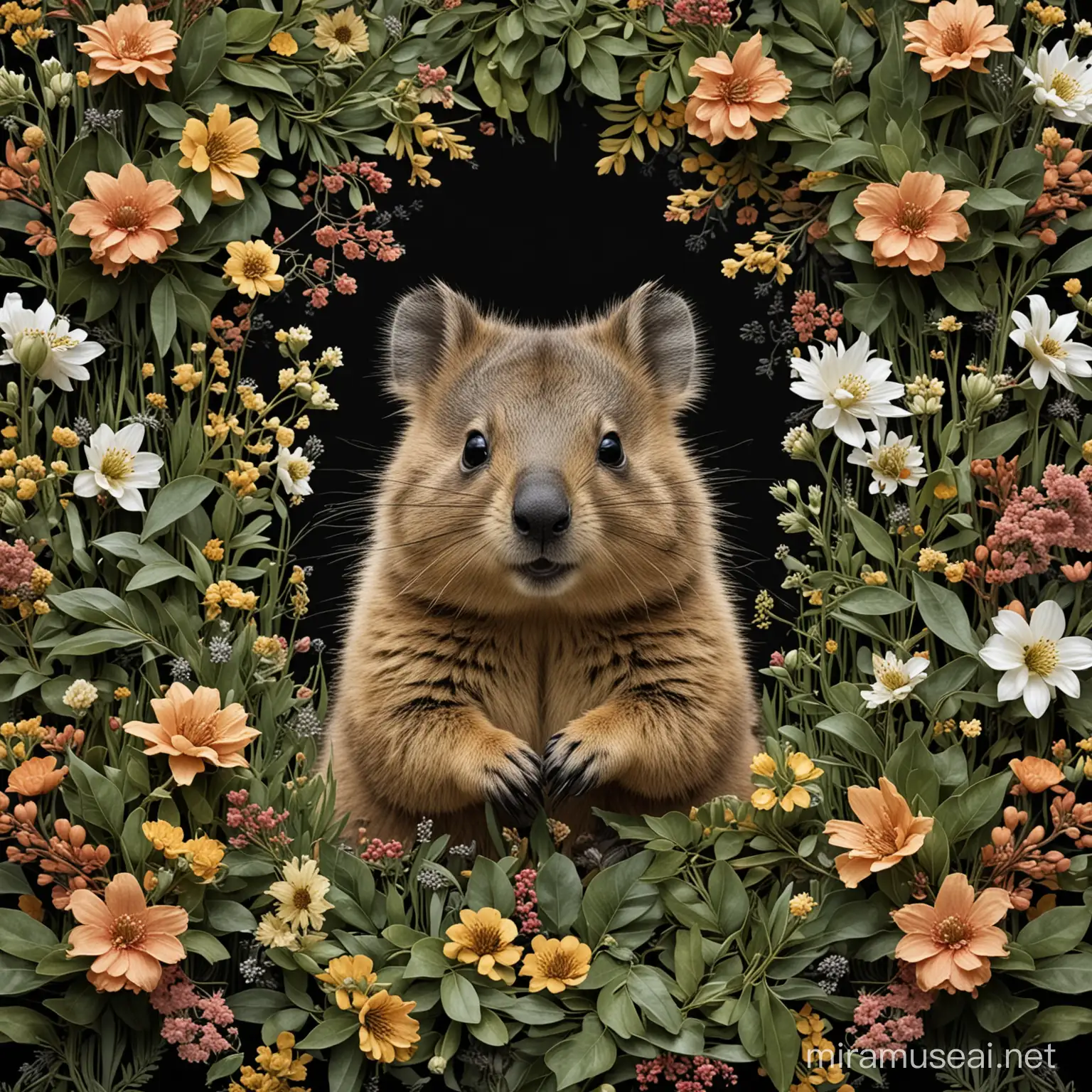 give me super realistic contrast of quokka surround with crowded flower and leaf environment at the center of image with super black jet background for water screen printing 
