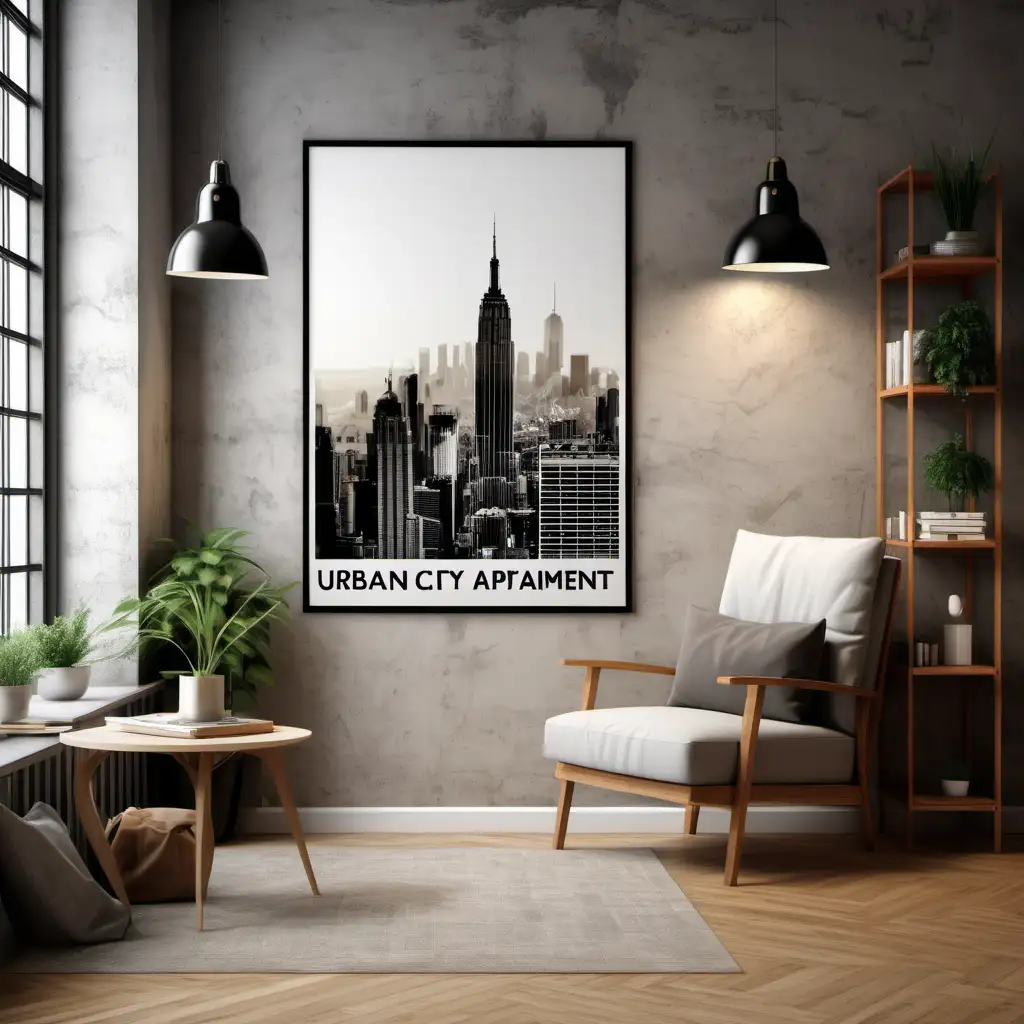 Urban City Apartment Loft Style Living Room Wooden Poster Mockup