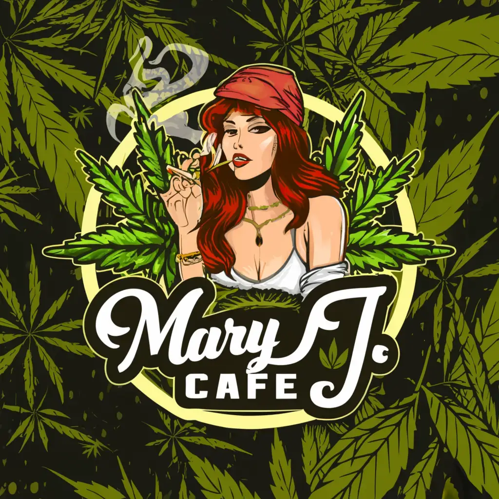 a logo design, with the text 'Mary J. Cafe', main symbol: Marijuana leaf and a funky pretty girl smoking a joint, Moderate, clear background