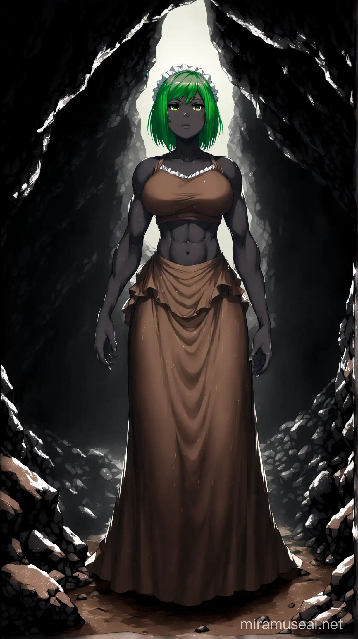 1girl, maid golem, cavern, green hair, short hair, green eyes, big breasts, muscular, fit, big, rock elemental, earth spirit, earth elemental, woman, expresionless, (low perspective: 1.2), full body, front view, looking down, solo, character showcase, dark, (gray skin: 1.5), adult, mature, tall face, female golem, milf, stone skin, looking at viewer, masterpiece, detailed, professional, dark cavern, (maid outfit: 1.2), (maid dress: 1.2), (long dress: 1.3), (brown clothes: 1.5), inside a cave, deep inside cavern, rock, dirt, (darkness: 2) dirty hair, underground, modest
