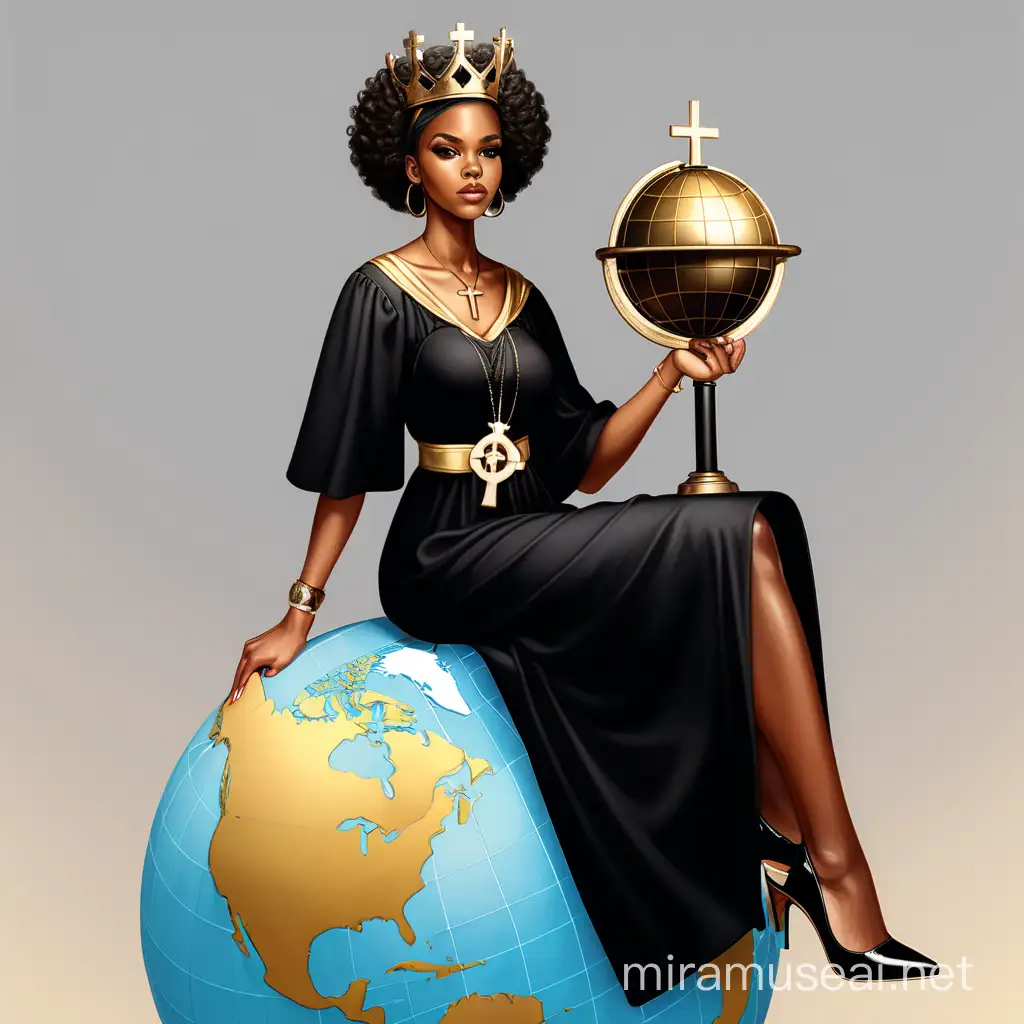 (((beautiful black woman))) wearing a dress,above the dress she's wearing a stylish graduation gown, sitting on a globe, holding a cross in the right hand and holding a scepter in the left hand. she's wearing high heels, simple art, wearing a gold crown on head, full picture