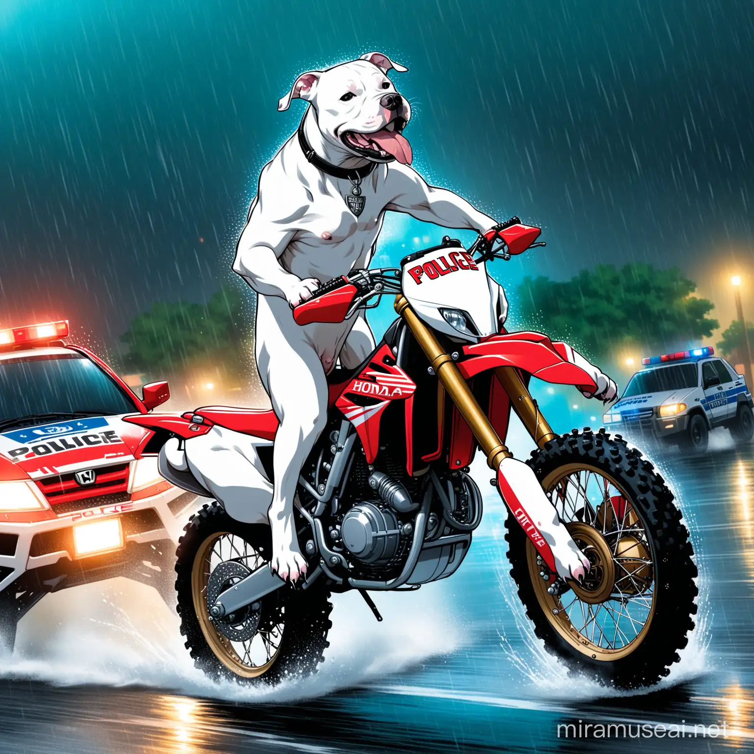 A white pitbull with a black spot that resembles hitlers mustache and pointy ears riding a honda crf450r on the back tire doing a wheelie in the rain down tha street. There is a police car with blue lights following close behind.