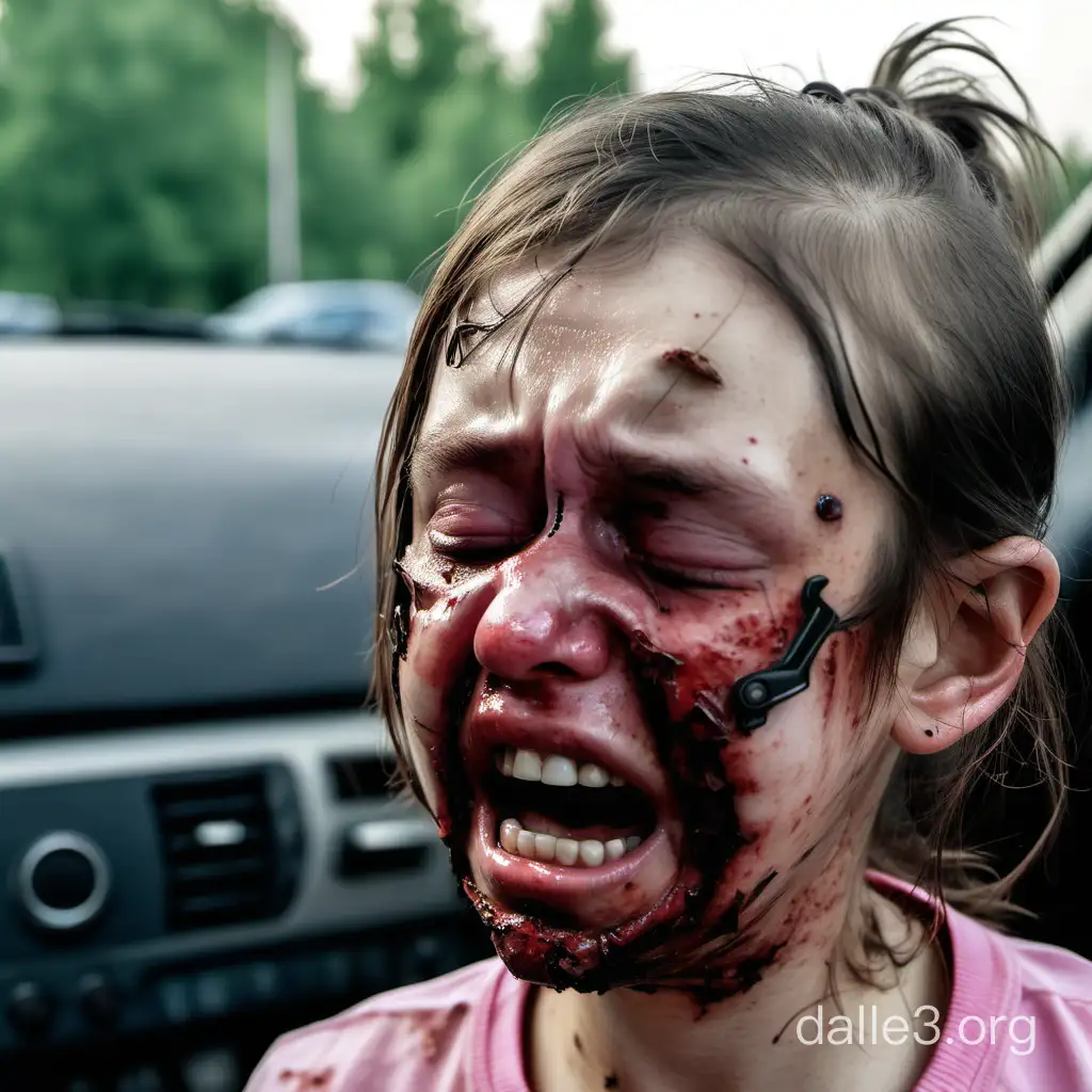 A girl with a disfigured face in a car accident cries