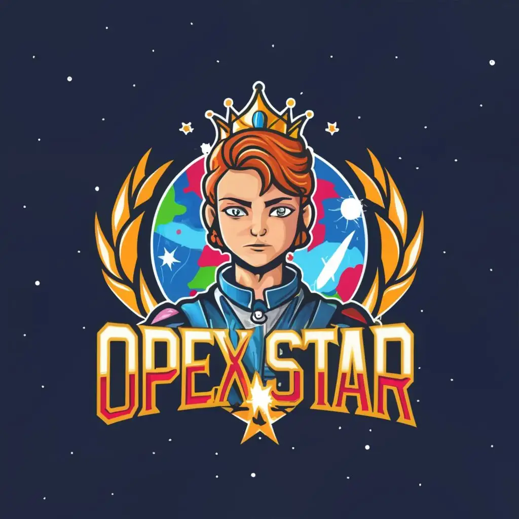logo, Prince like Boy 18 year old And Star and galaxy in universe and gaming and earth like sun attractive, with the text "Opexstar", typography, be used in Sports Fitness industry