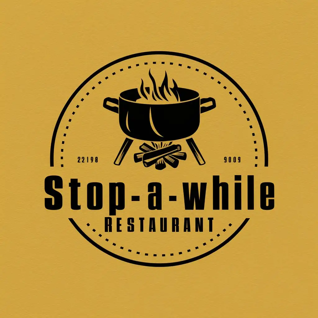 logo, Three legged pot on wood fire, with the text "Stop A-While Restaurant", typography, be used in Restaurant industry