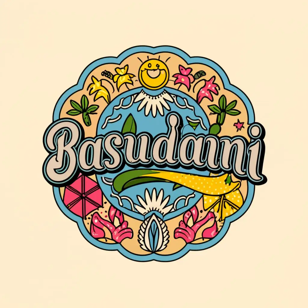 a logo design,with the text "BASUDANI", main symbol:Create an emblematic design that incorporates stylized representations of banana, coconut, and rice plants arranged in a circular or symmetrical pattern. This emblem serves as the focal point of the logo and symbolizes the celebration of harvest. Use playful and dynamic typography for the brand name "Basudani." Experiment with curved or wavy letterforms to evoke a sense of movement and joy, reflecting the festive atmosphere of a harvest celebration. Introduce cheerful accents such as smiling faces, sunbursts, or sparkles around the emblem to convey happiness and excitement. These elements add a touch of whimsy to the design and enhance its festive appeal. Opt for a vibrant and lively color palette that captures the vibrancy of a harvest festival. Use bold shades of green, yellow, and brown for the banana, coconut, and rice elements, respectively. Add splashes of complementary colors for the accents to create visual interest. Ensure a balanced composition by carefully arranging the elements of the logo. Maintain symmetry and harmony to create a visually pleasing and cohesive design that captures attention.,Moderate,clear background