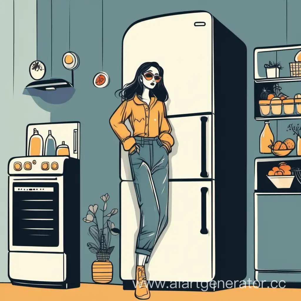 The stylish girl stands by the refrigerator at full height