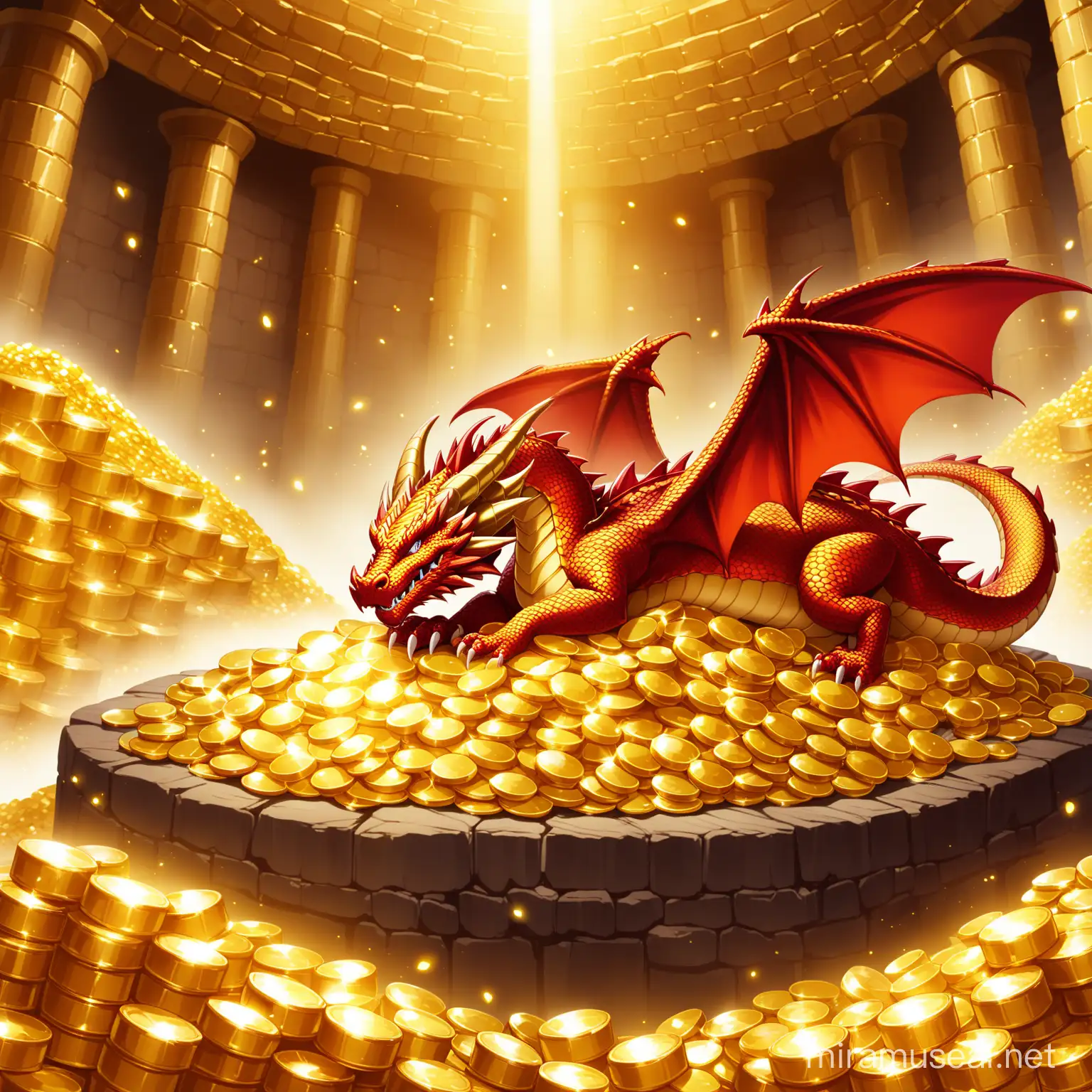 Red Dragon Sleeping on Pile of Gold in Treasure Room