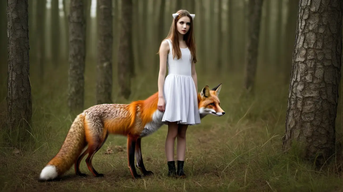 Fox and a gorgeous 18 years old lady in the forest. Magical