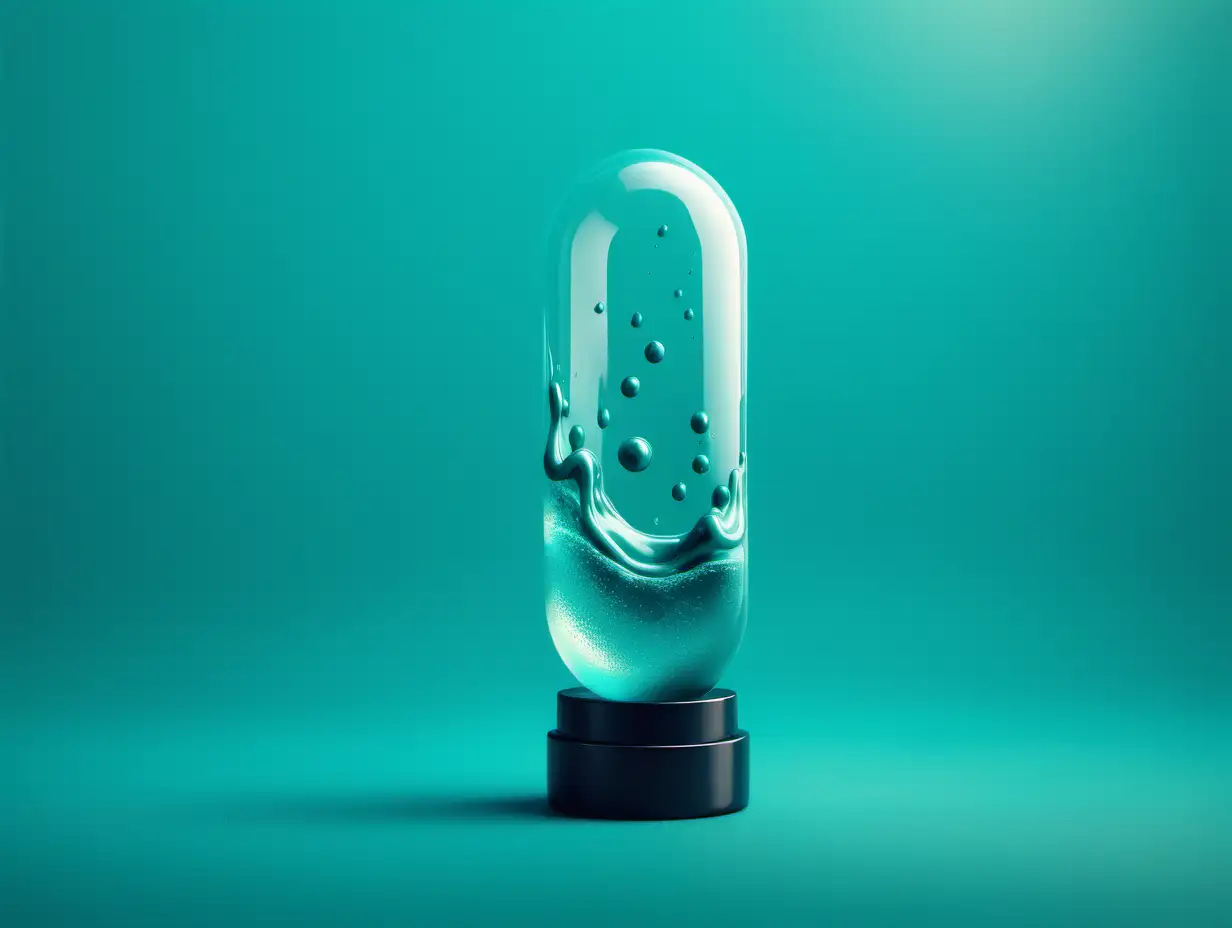 liquid capsule shape with a fluid drip inside like a lava lamp on a turquoise background