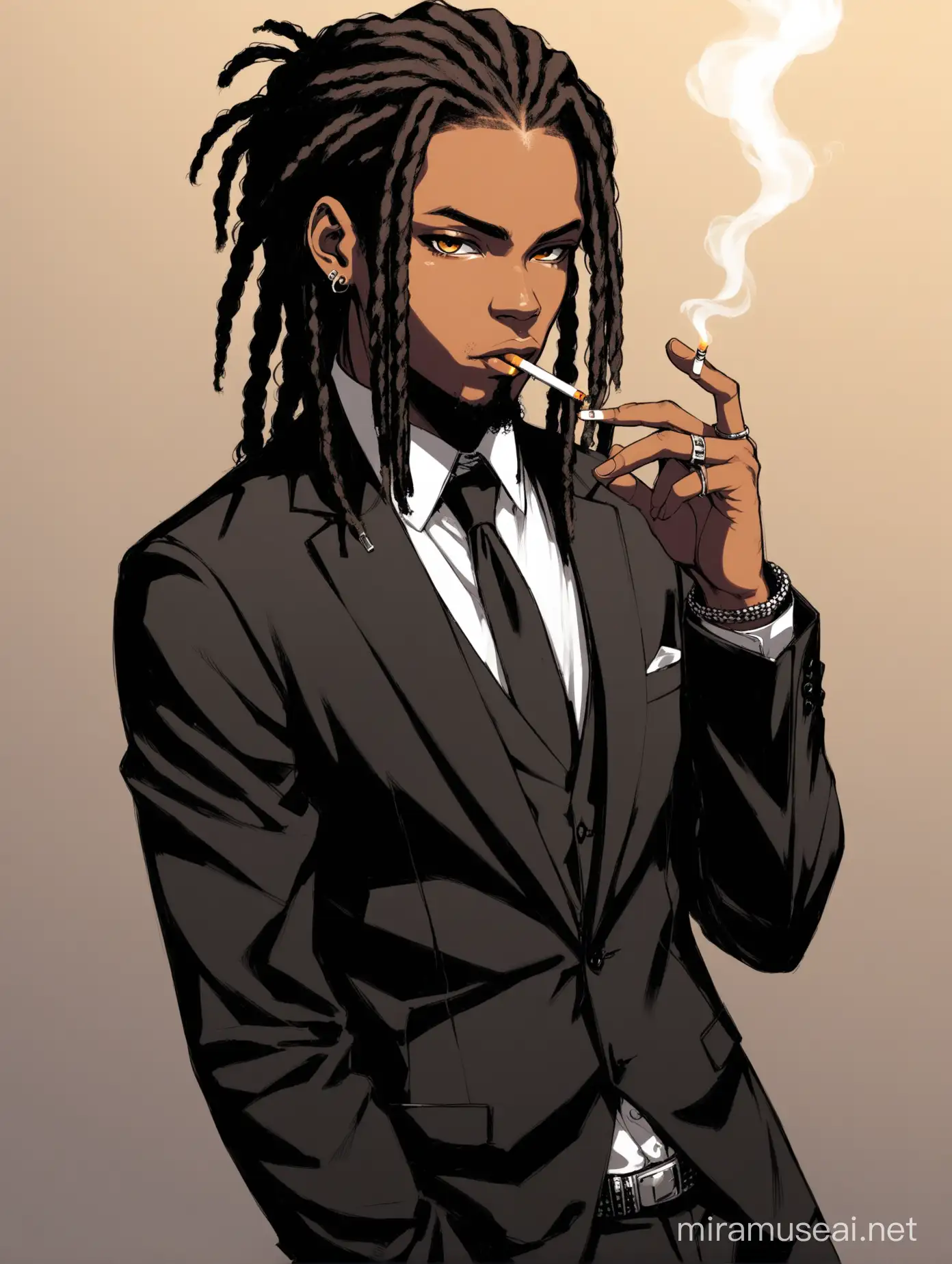 young male Melanesian gangstar with dreadlocks smoking cigarette while wearing a black suit while