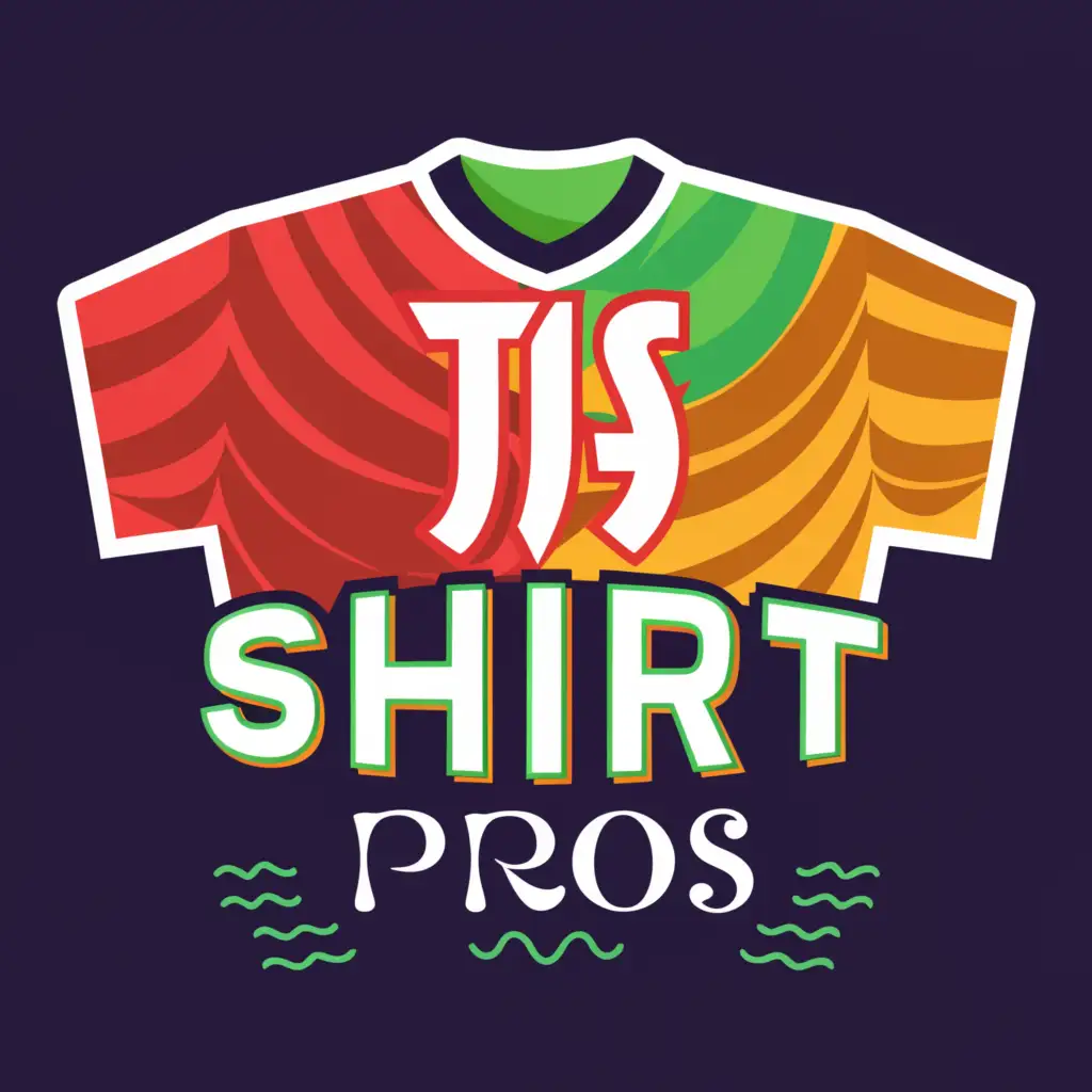 a logo design,with the text " TJS Shirt Pros", main symbol: Should include a shirt silhouette
- Use of the colors red, green, and purple
,Moderate,clear background