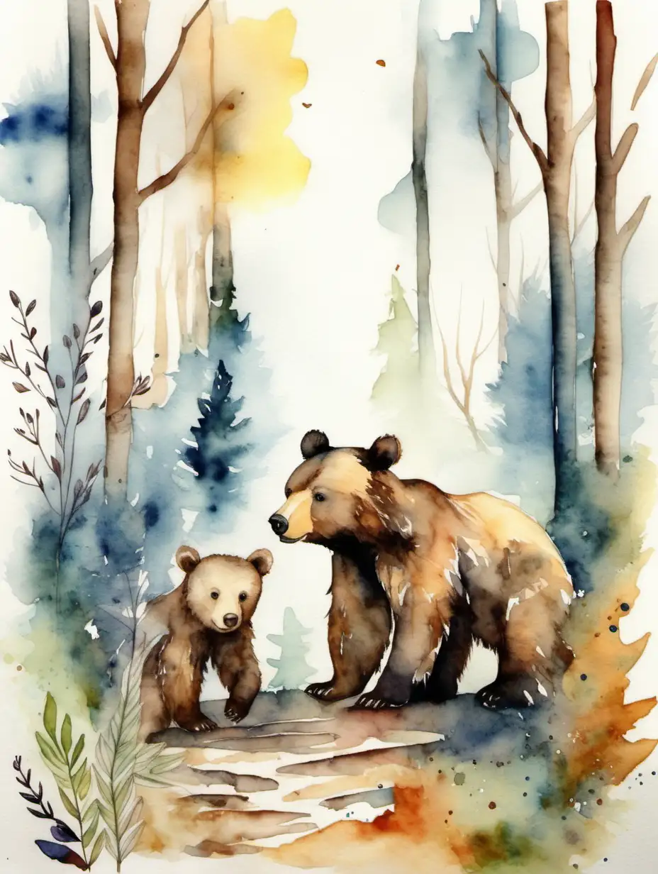 bear in the woods with cub watercolour


