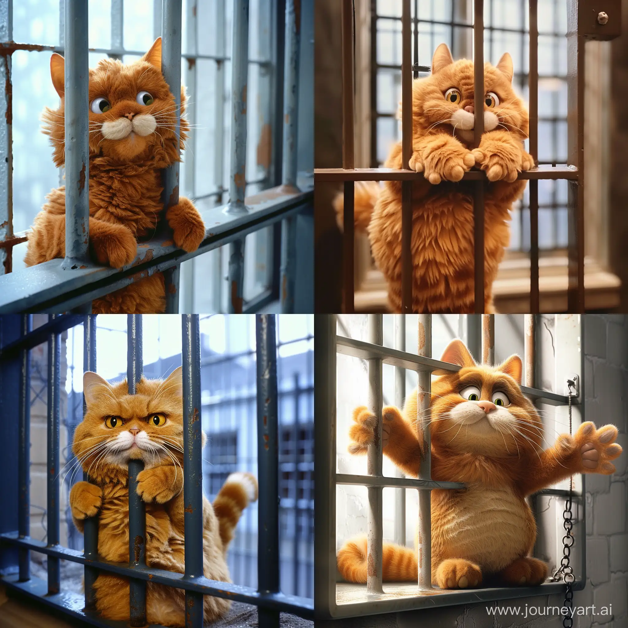 Жирный  кот Гарфилд пытается сбежать из тюрьмы через окно