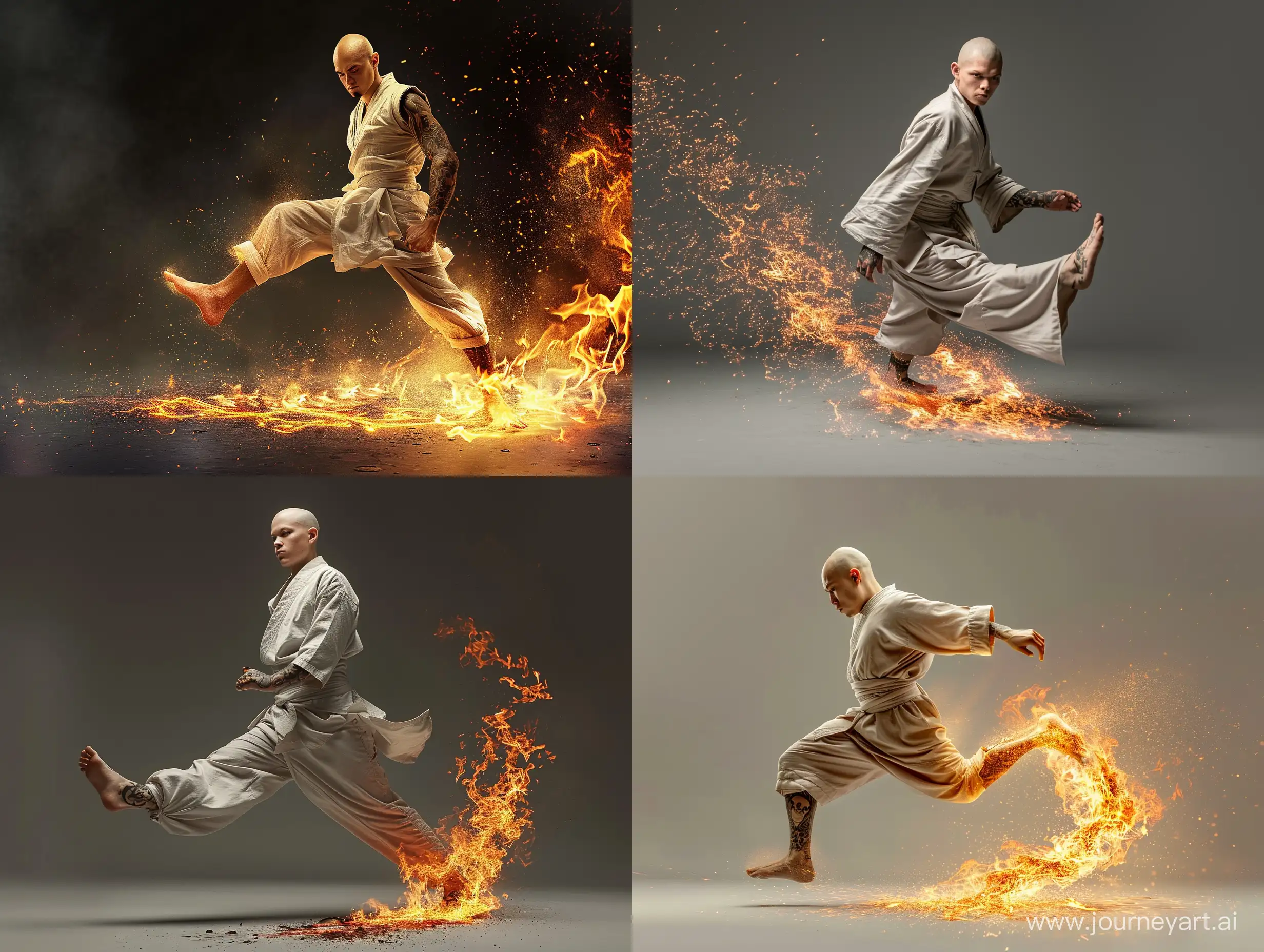Young-Bald-Monk-Man-Creating-Fiery-Trail-with-Martial-Arts