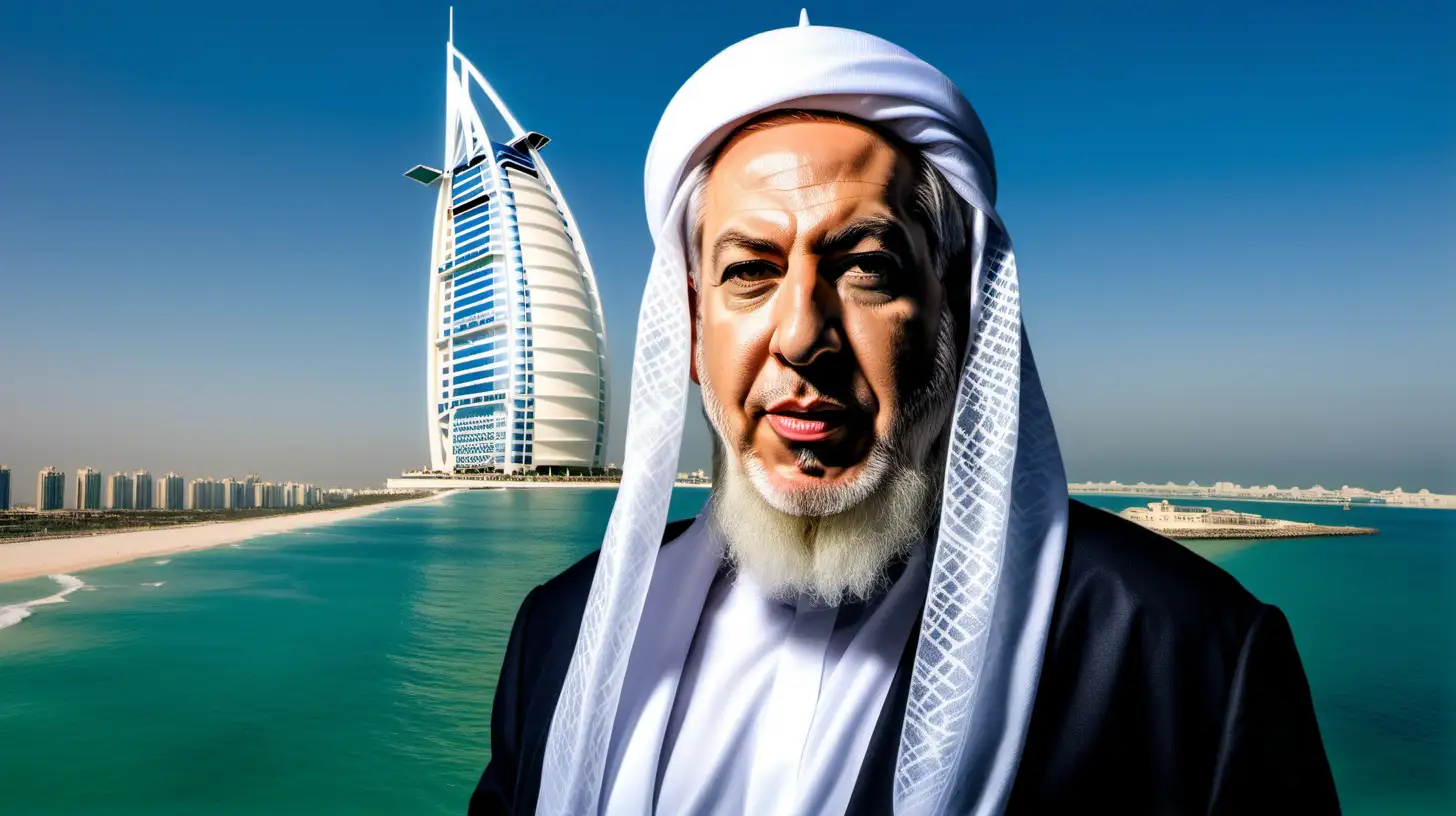 A bearded Netanyahu dressed as a Muslim Imam. The background is Burj al Arab.