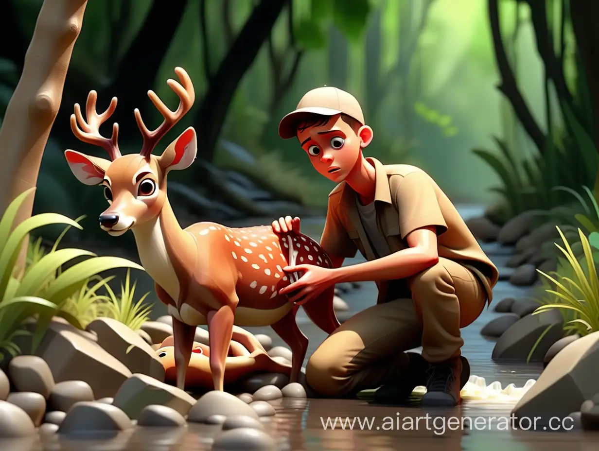 cartoon style, 8k, one young man take care of one injured deer on the bank of a stream in the jungle