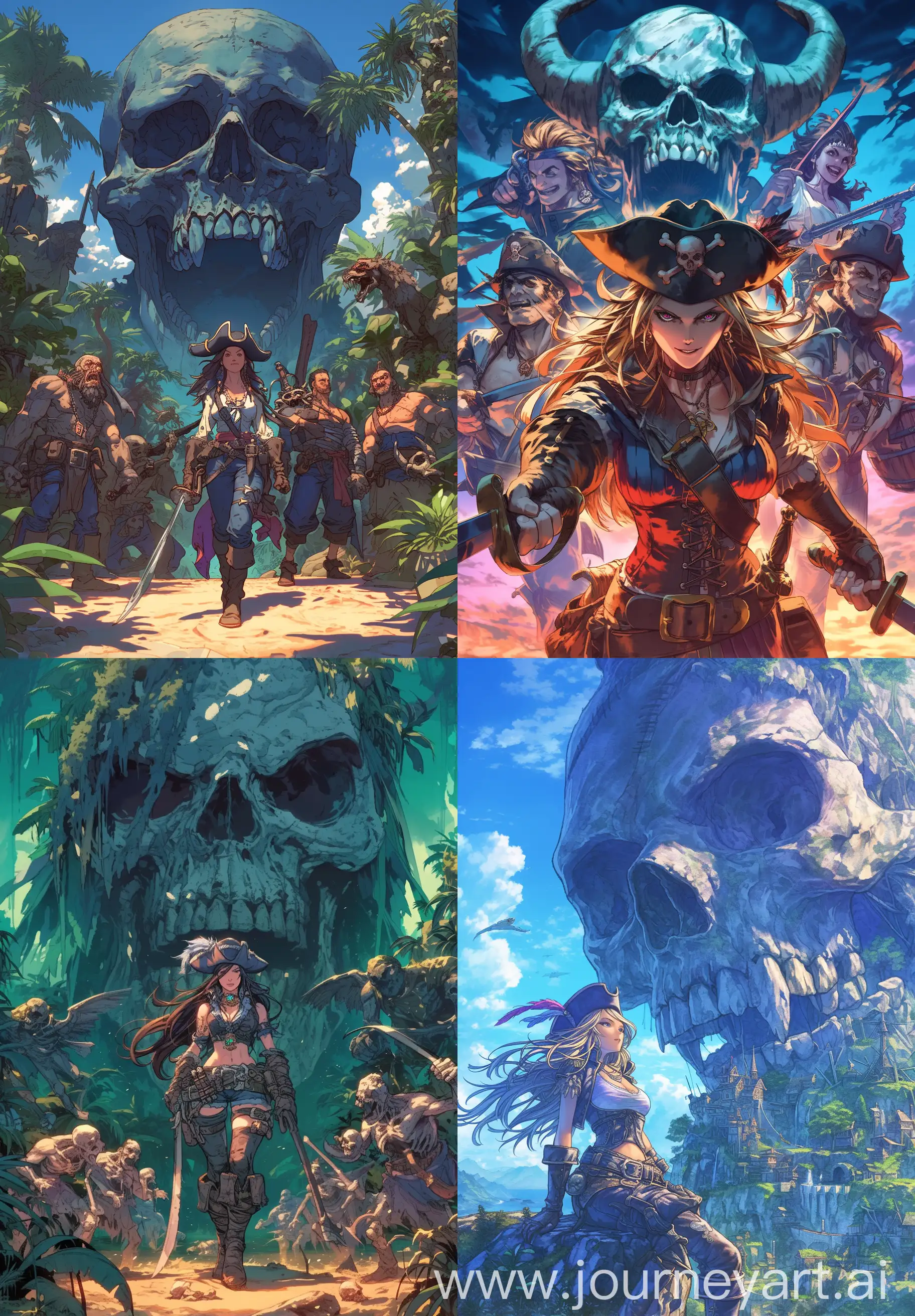 The journey of a pirate gang led by a beautiful and brave female captain to the mysterious Skull Island in search of treasure, intricate details, comic book cover style, style raw, --ar 9:13 --niji 6 --s 450