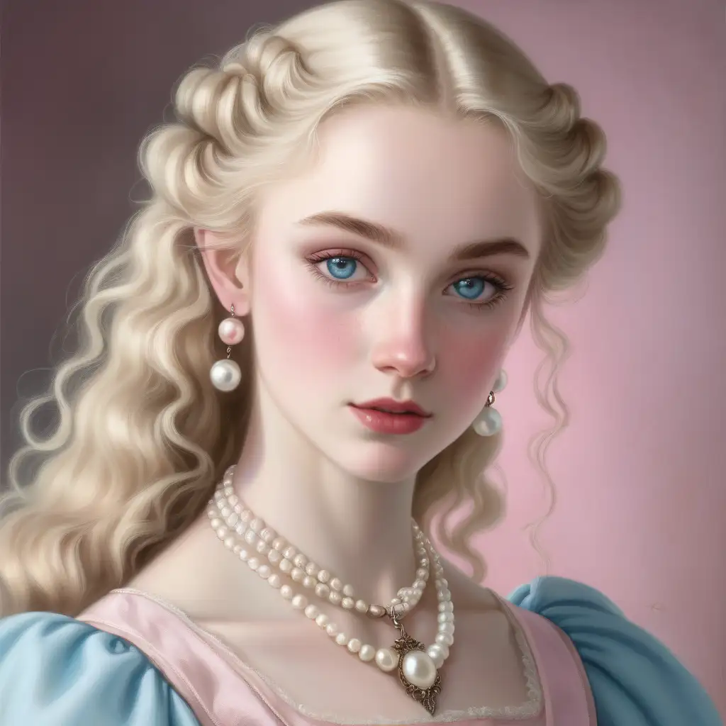 A Victorian woman in her late teens, white blonde hair that is wavy and long. She has pale skin with strong freckles across her nose and cheeks. Light blue eyes, strong eyebrows, pink lips and brown eyeshadow. Wearing pearl earrings and necklace. Ballerina dress in pink. She has a confident expression.